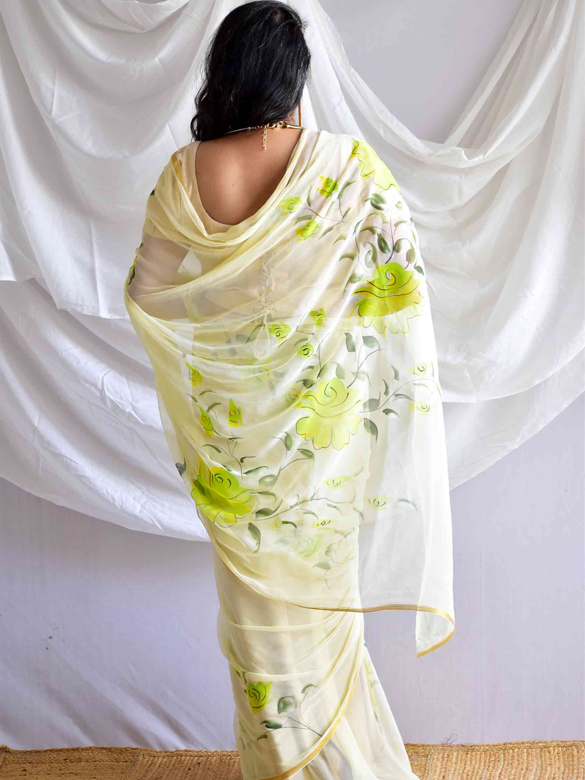 Grace of spring - Hand painted chiffon saree