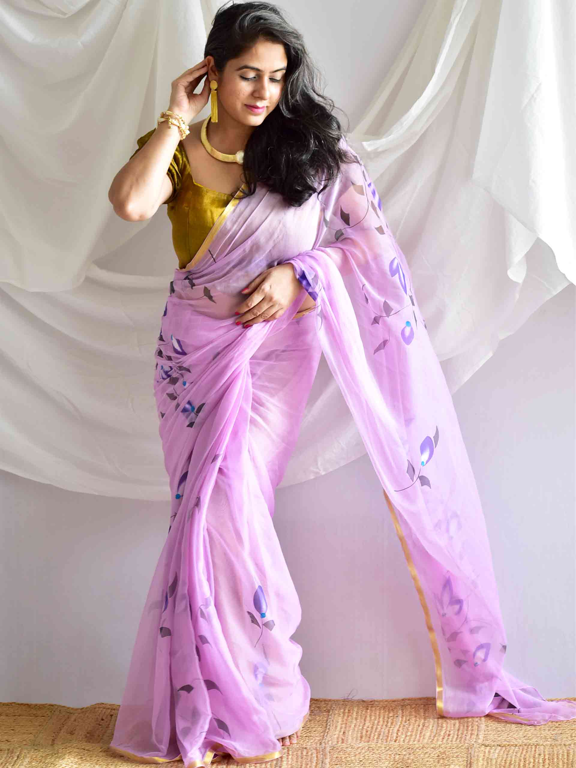 The Pink Garden - Hand painted chiffon saree