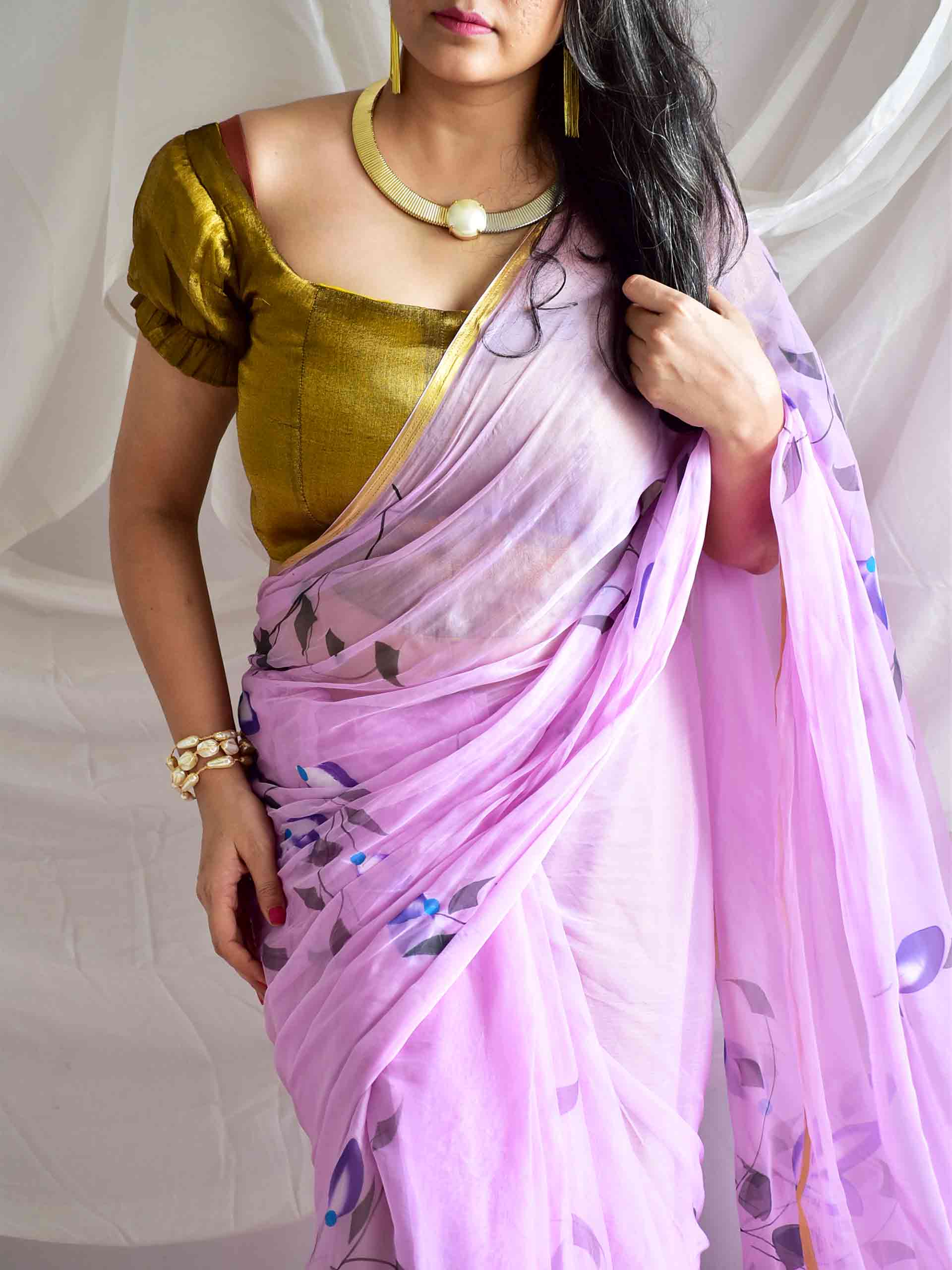 The Pink Garden - Hand painted chiffon saree
