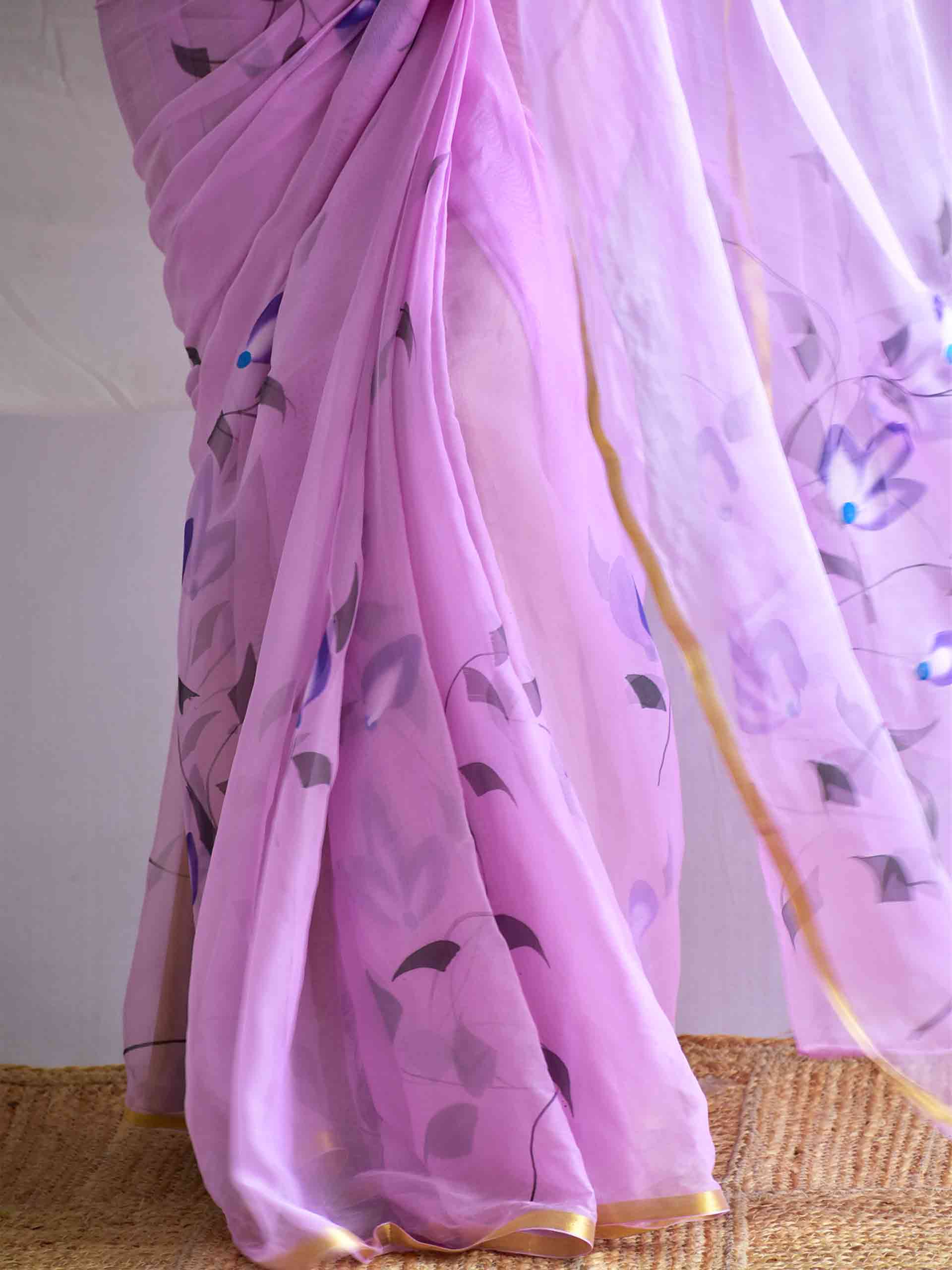 The Pink Garden - Hand painted chiffon saree
