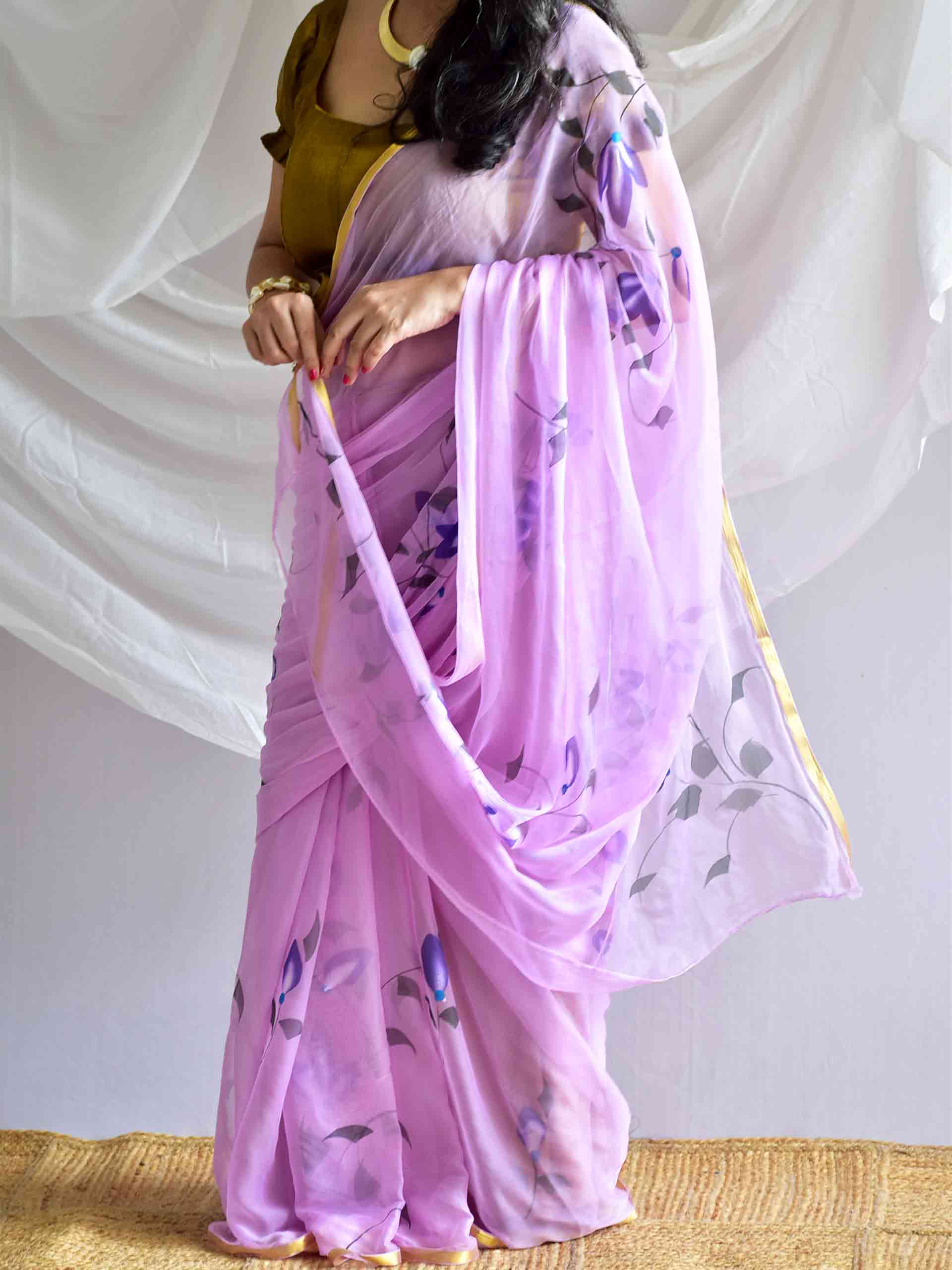 The Pink Garden - Hand painted chiffon saree