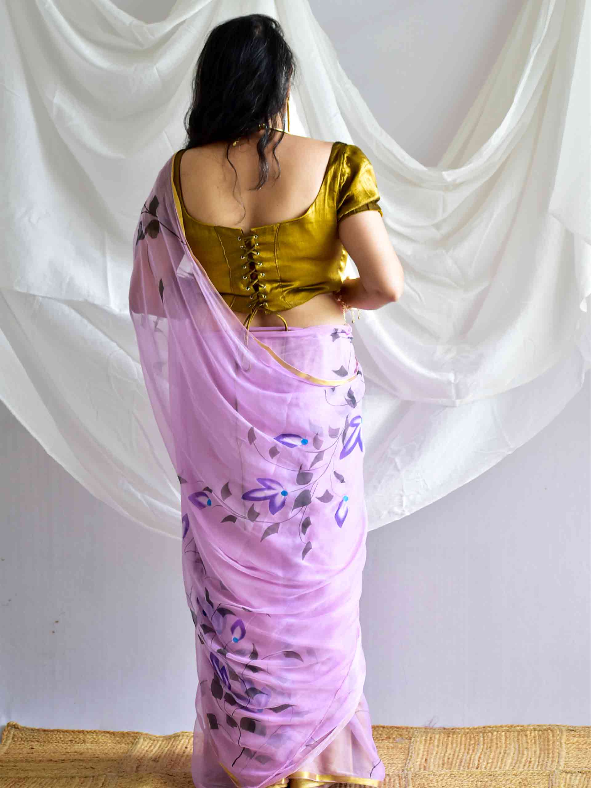 The Pink Garden - Hand painted chiffon saree