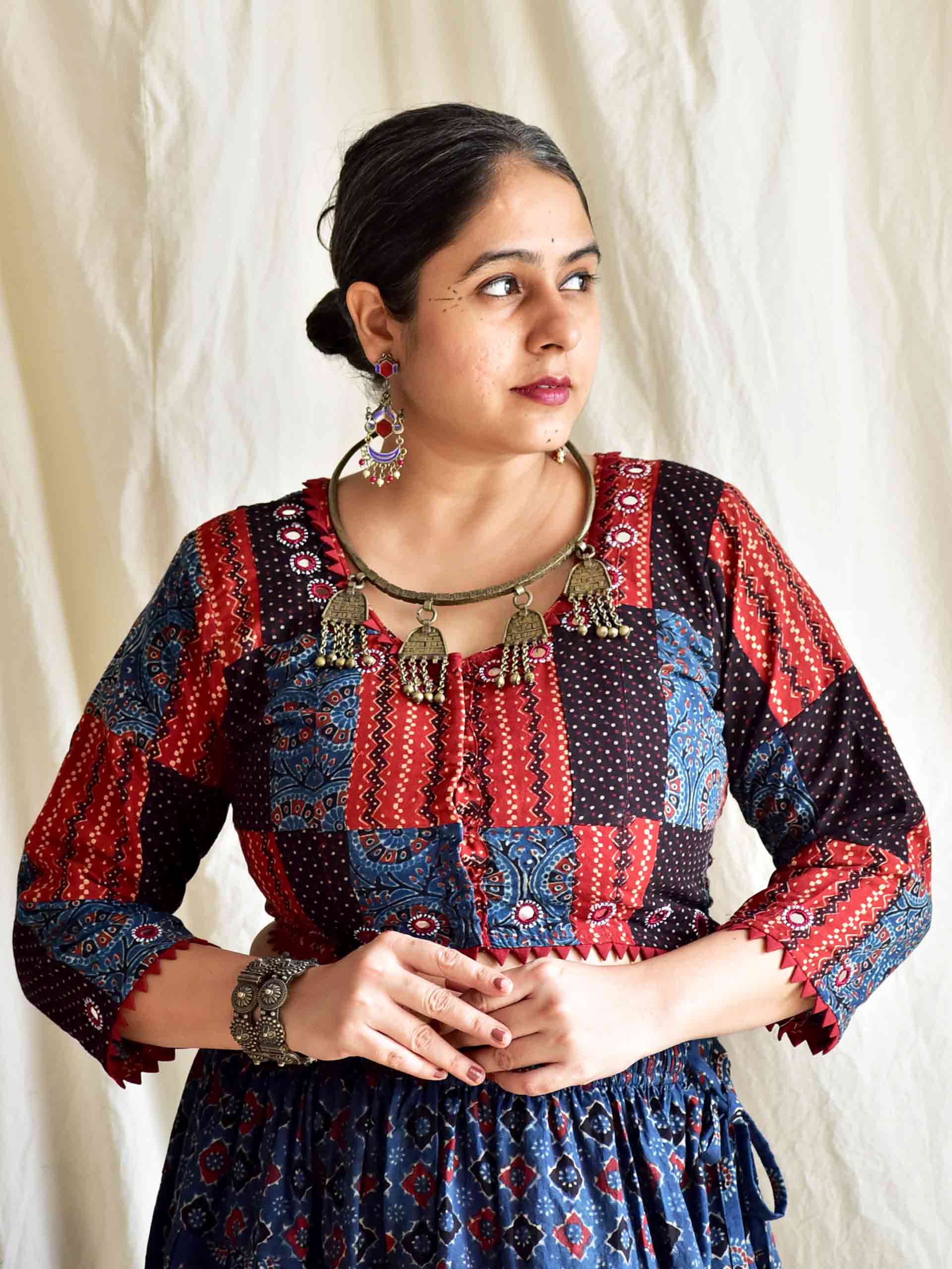 Ghungru - Ajrakh patchwork mirror work blouse