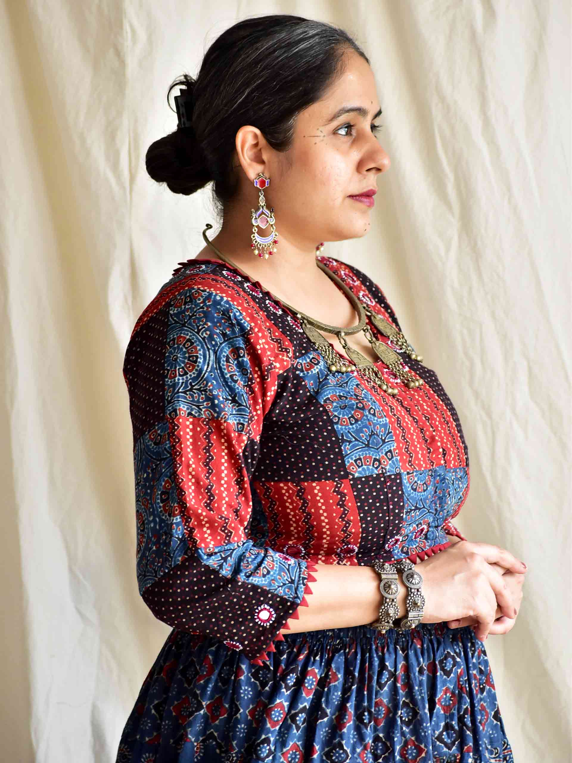 Ghungru - Ajrakh patchwork mirror work blouse