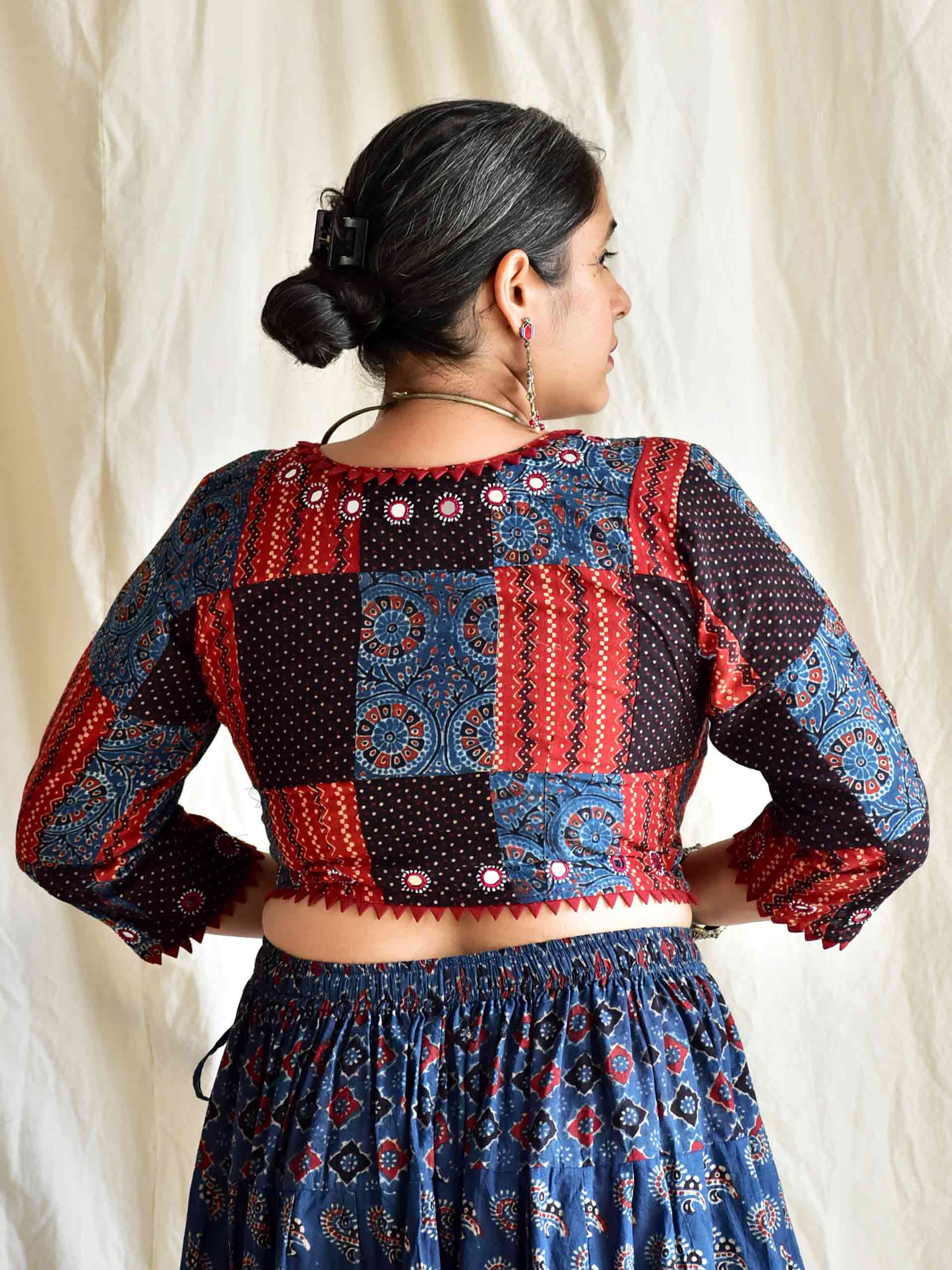 Ghungru - Ajrakh patchwork mirror work blouse