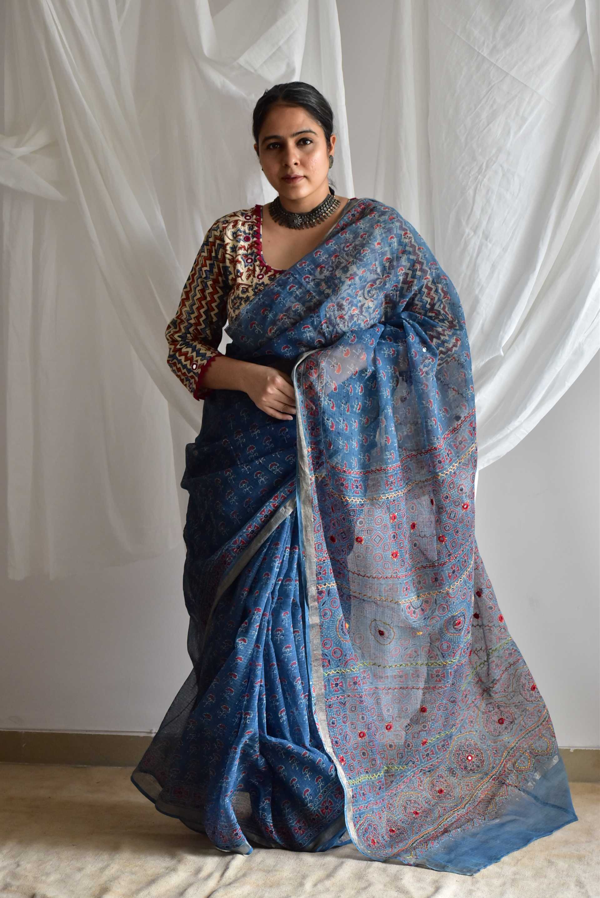 Sunaina - Ajrakh kota Doria Embroidered saree