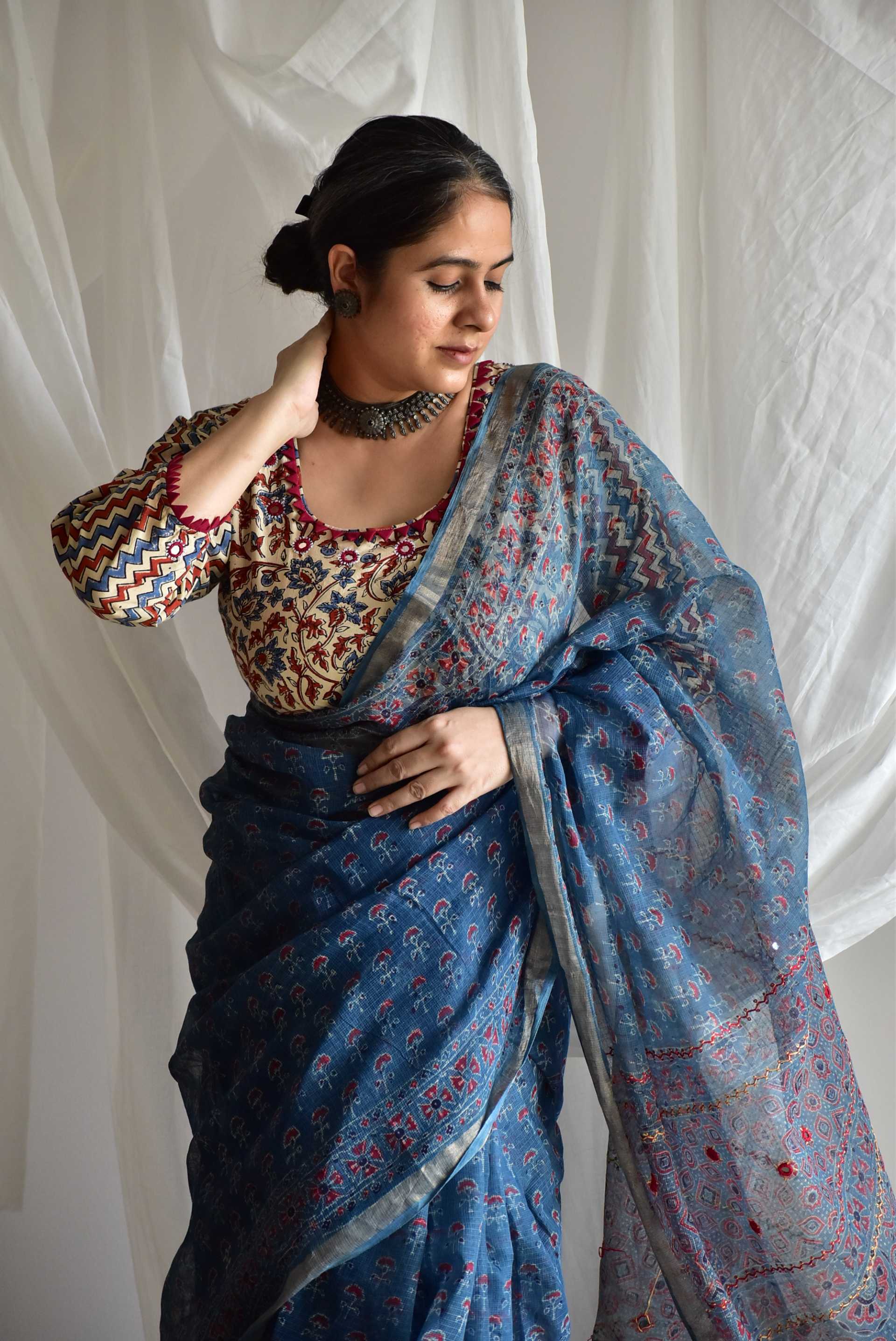 Sunaina - Ajrakh kota Doria Embroidered saree