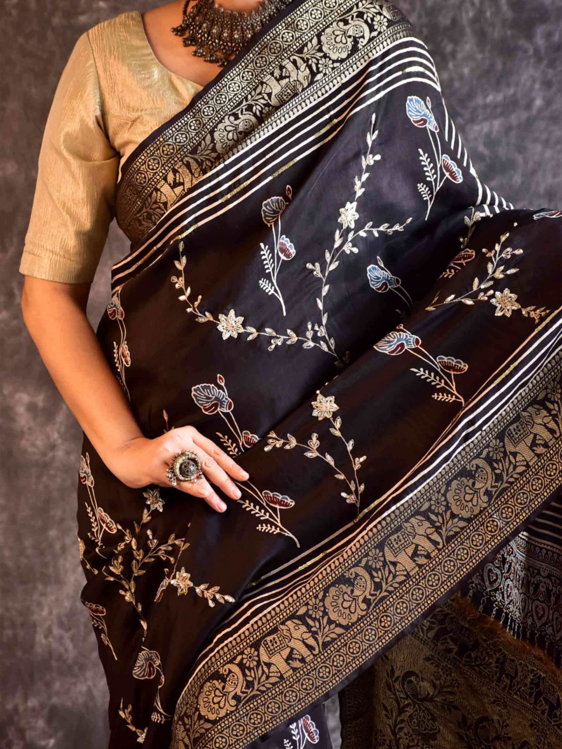 Moti - Ajrakh Dola Silk hand embroidered Saree