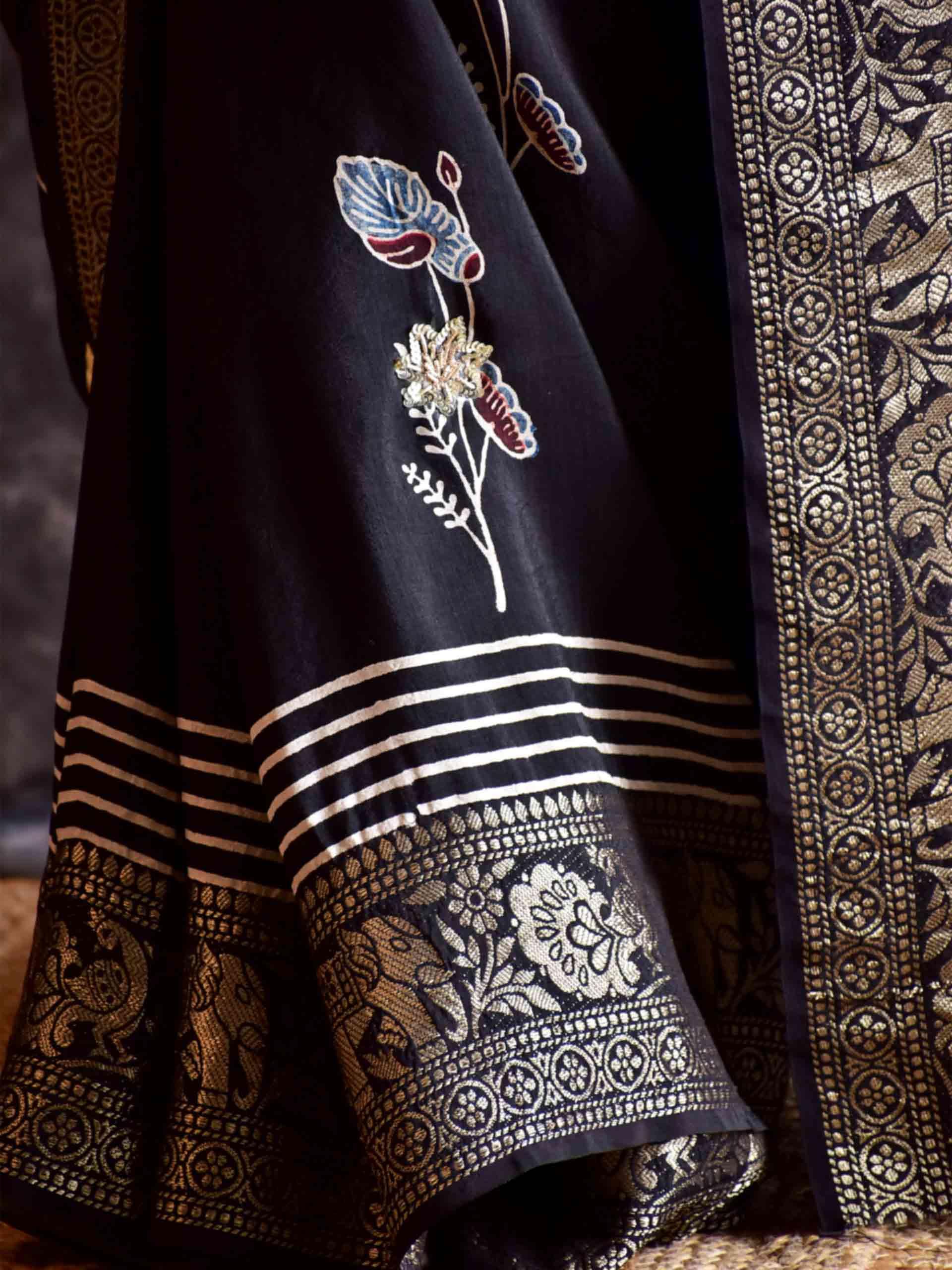 Moti - Ajrakh Dola Silk hand embroidered Saree