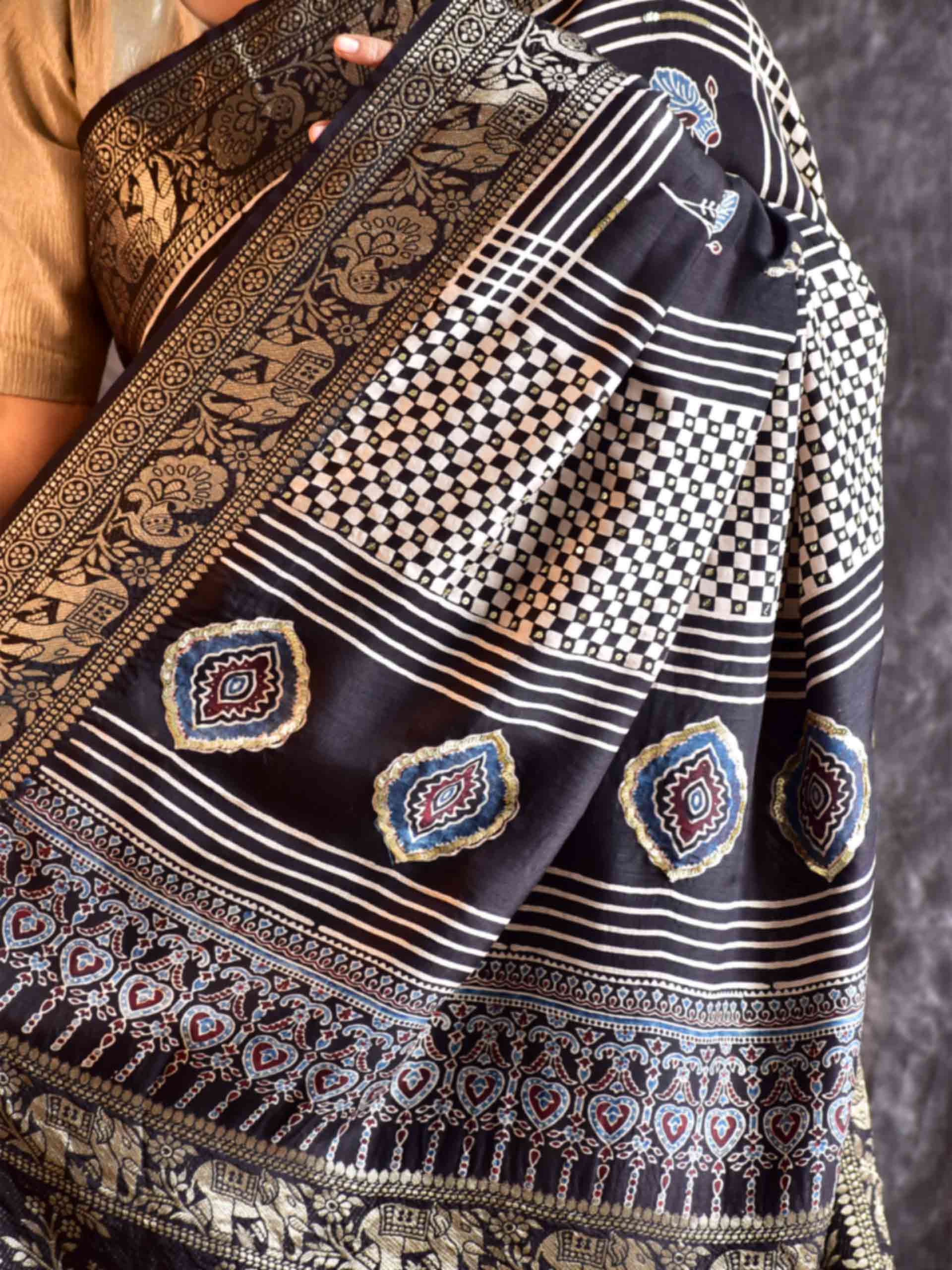 Moti - Ajrakh Dola Silk hand embroidered Saree