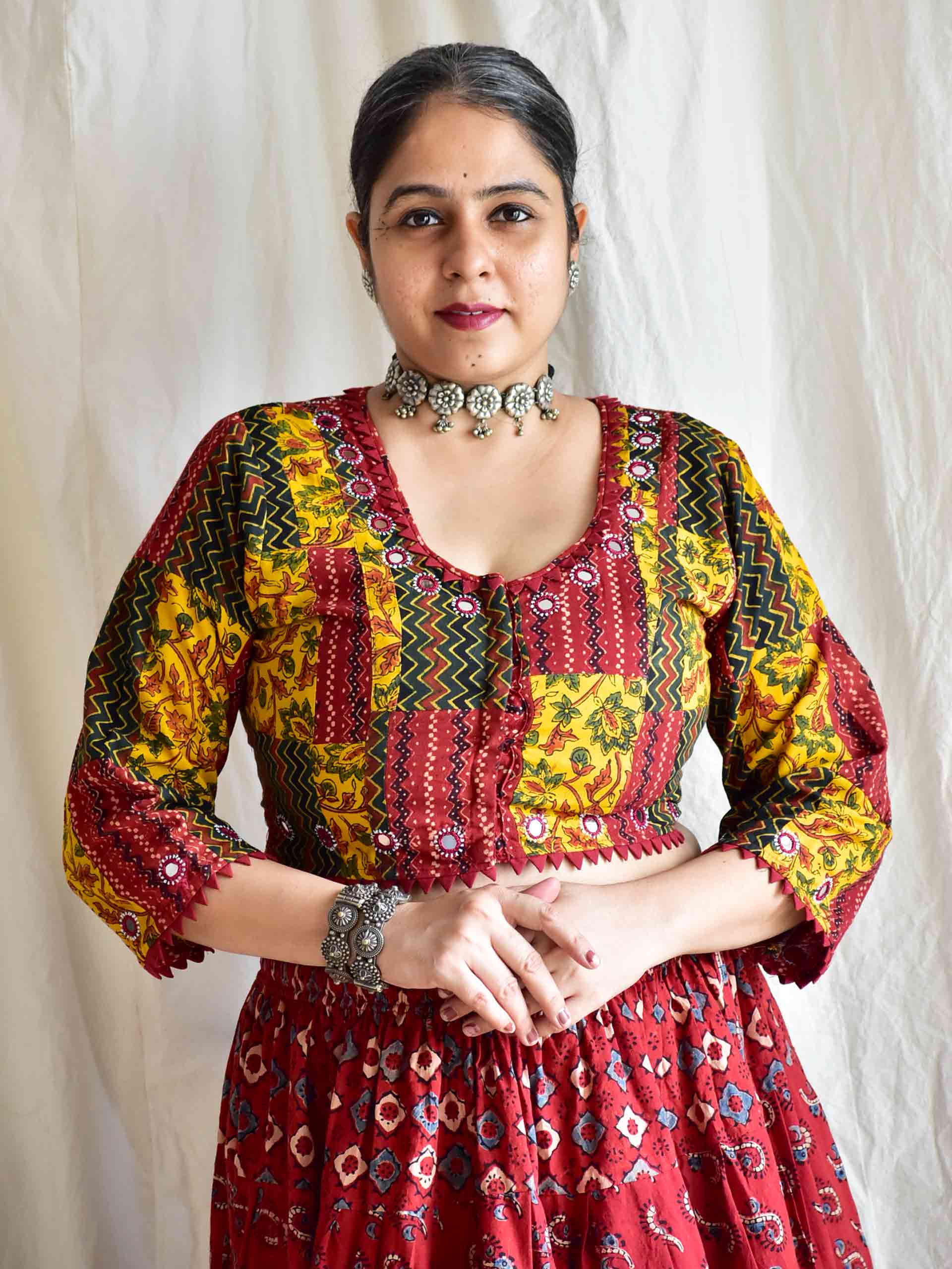 Mauj - Ajrakh patchwork mirror work blouse