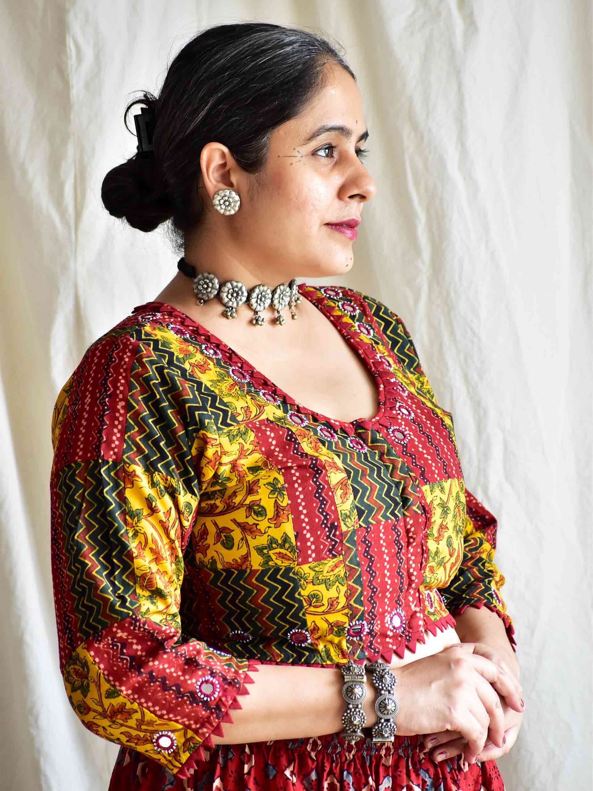 Mauj - Ajrakh patchwork mirror work blouse