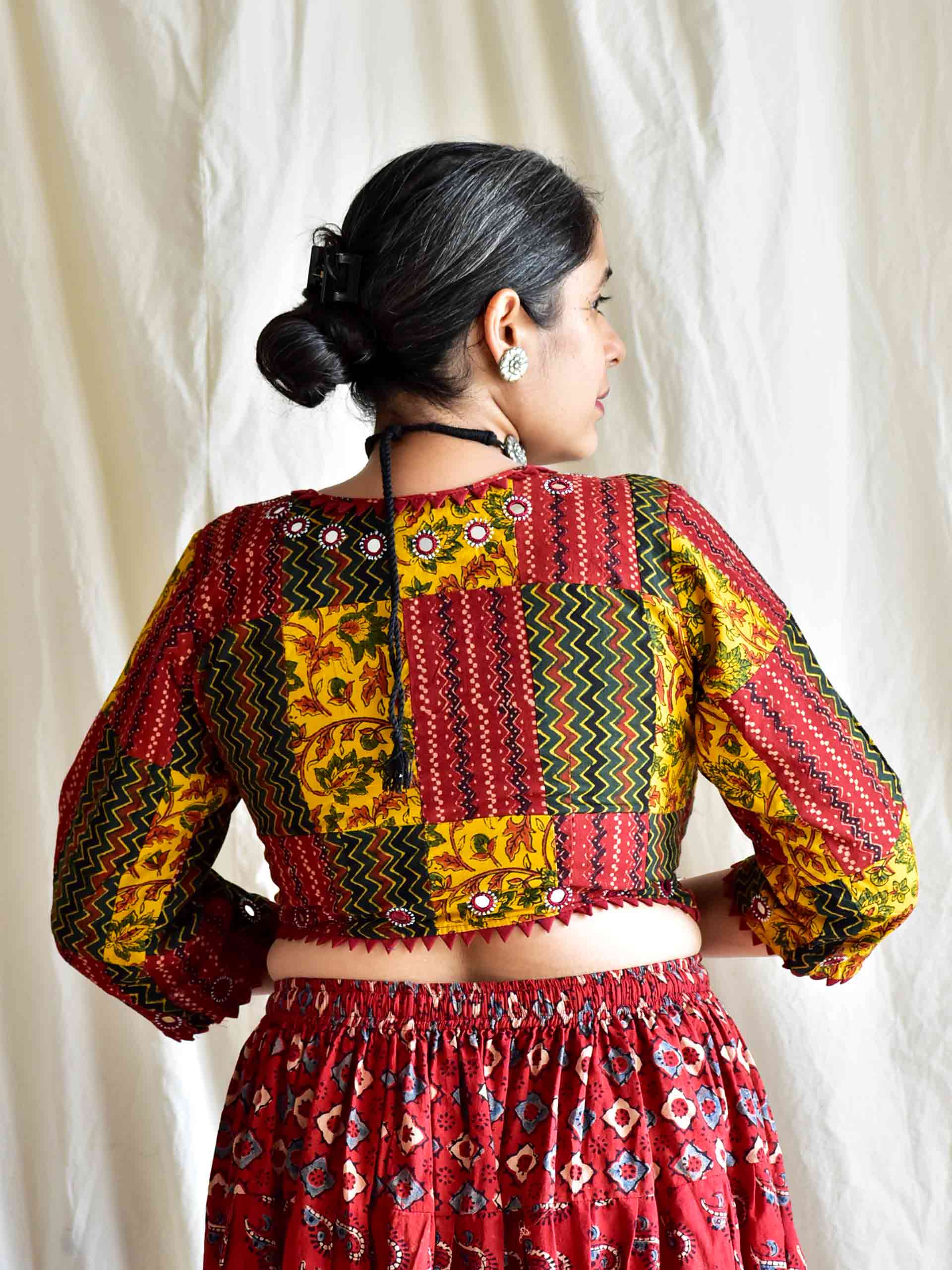 Mauj - Ajrakh patchwork mirror work blouse