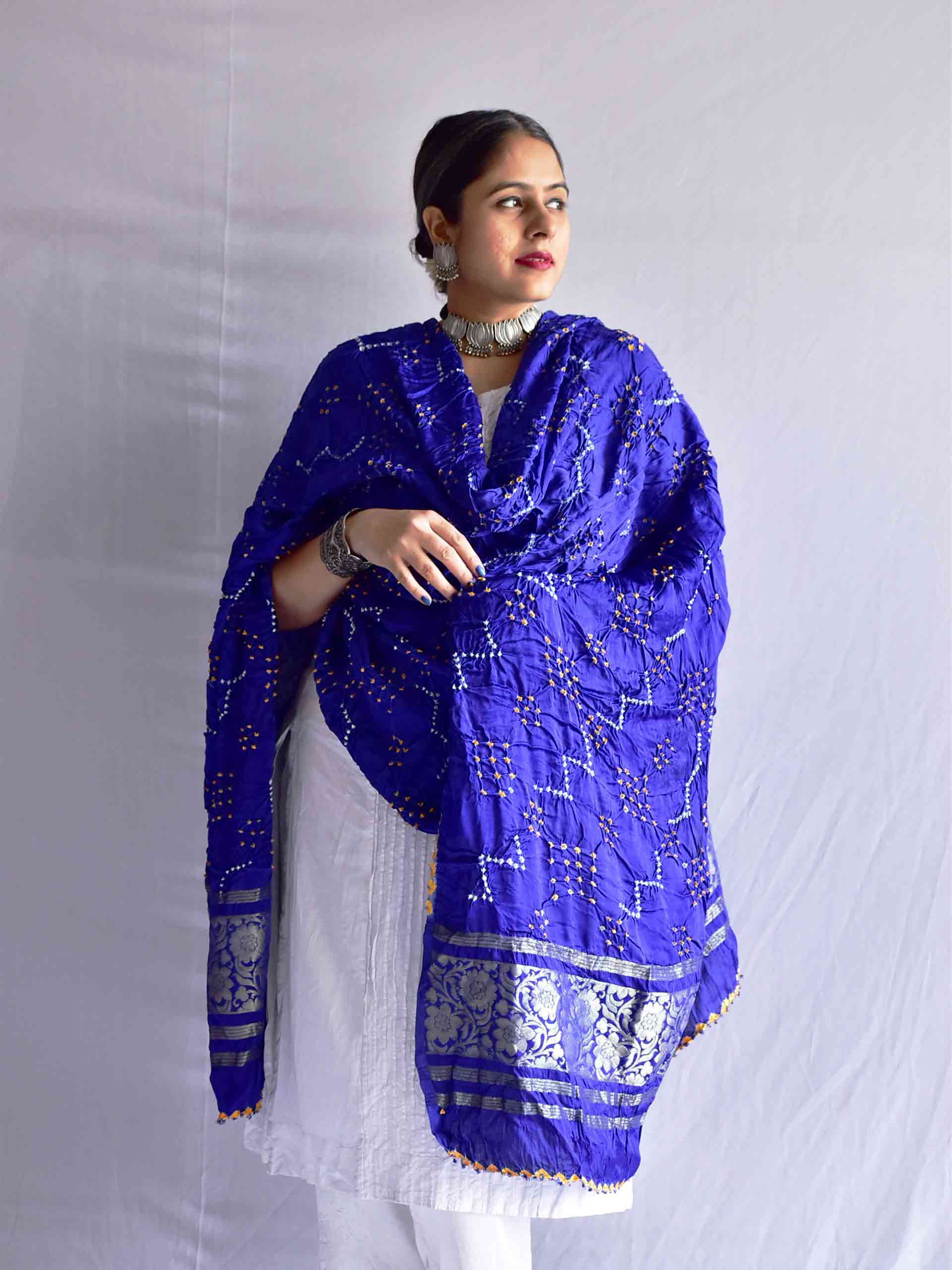 Blues - Bandhani Gajji silk dupatta with zari