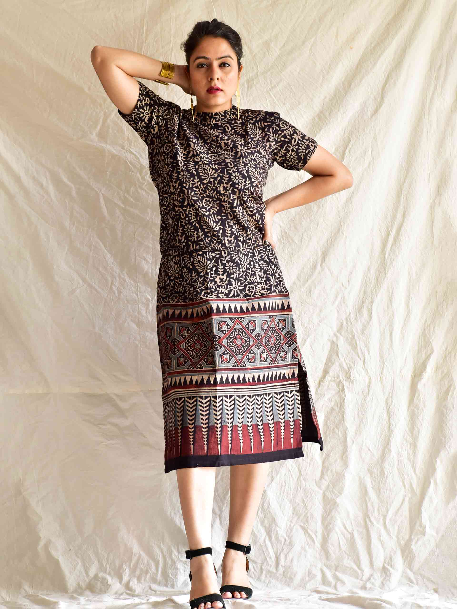 Black beauty -  Ajrakh hand block printed skirt set