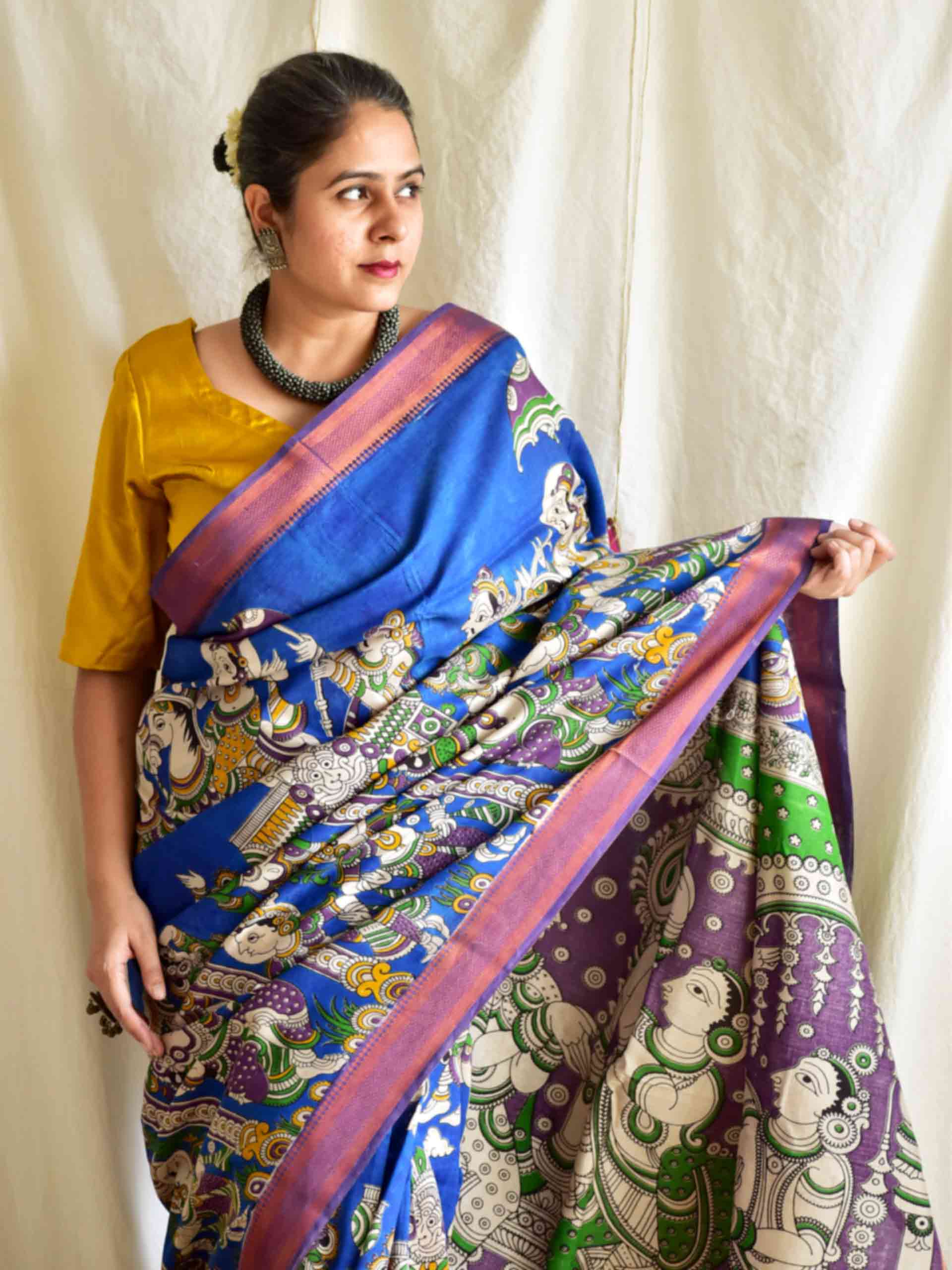 Kanhiya - kalamkari printed Bangalore Silk nizam border saree