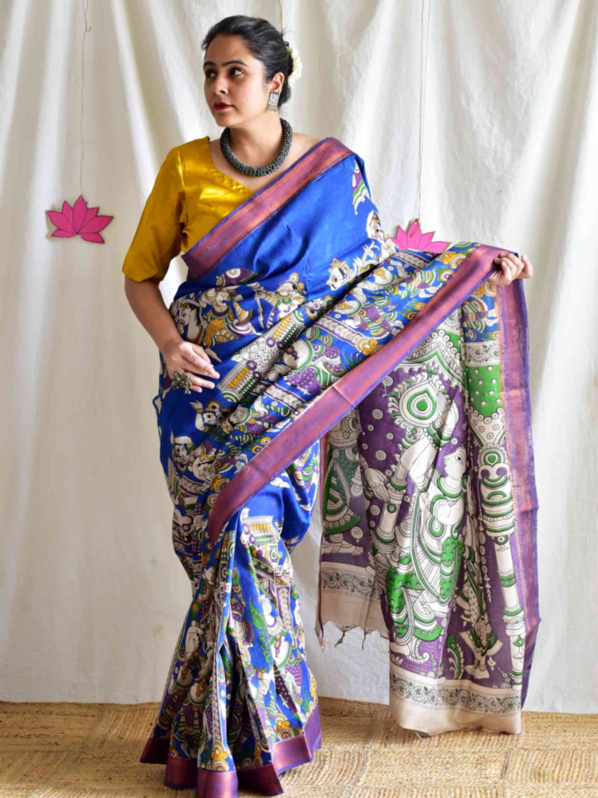 Kanhiya - kalamkari printed Bangalore Silk nizam border saree