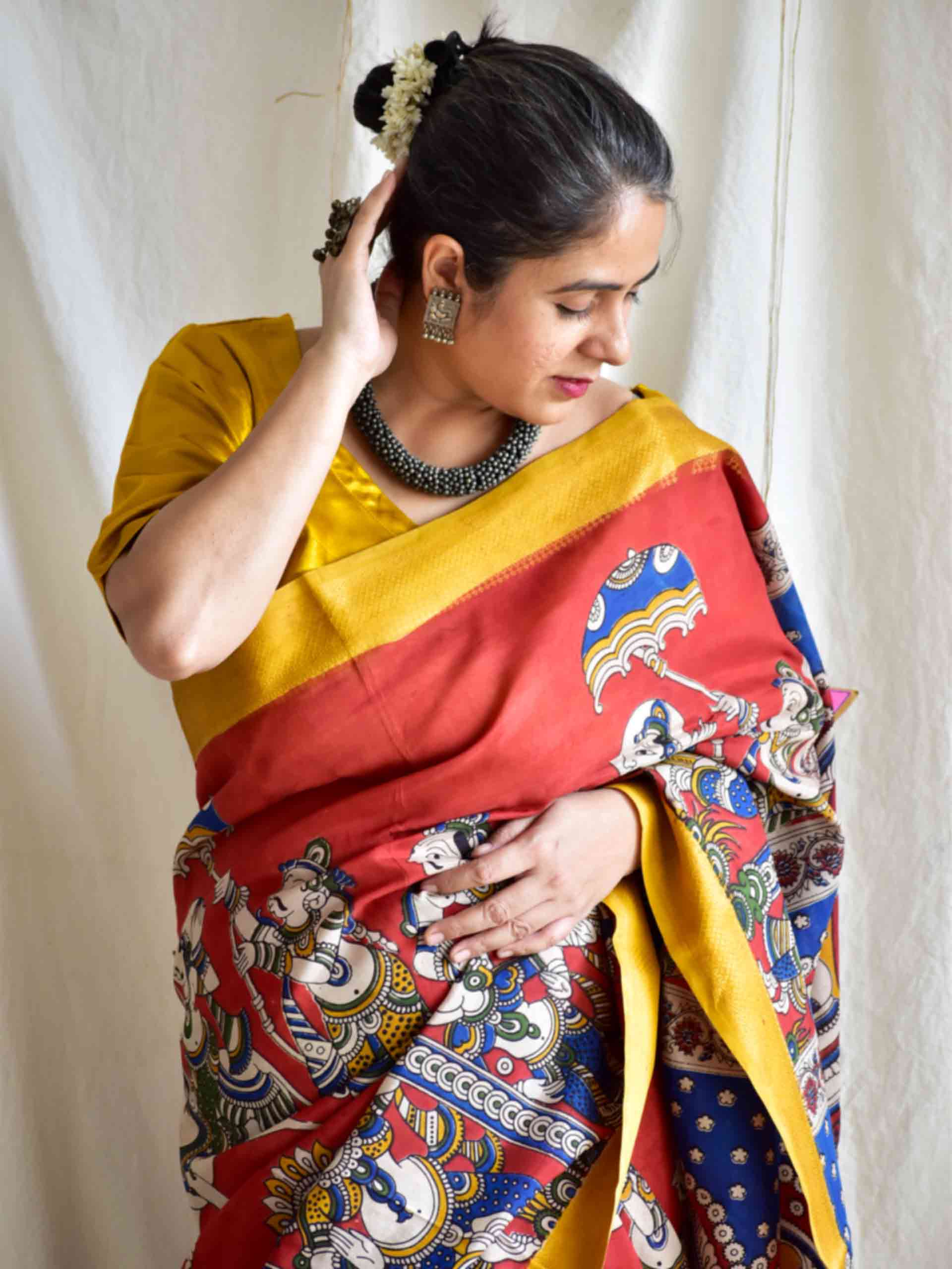 Lal rang - kalamkari printed Bangalore Silk nizam border saree
