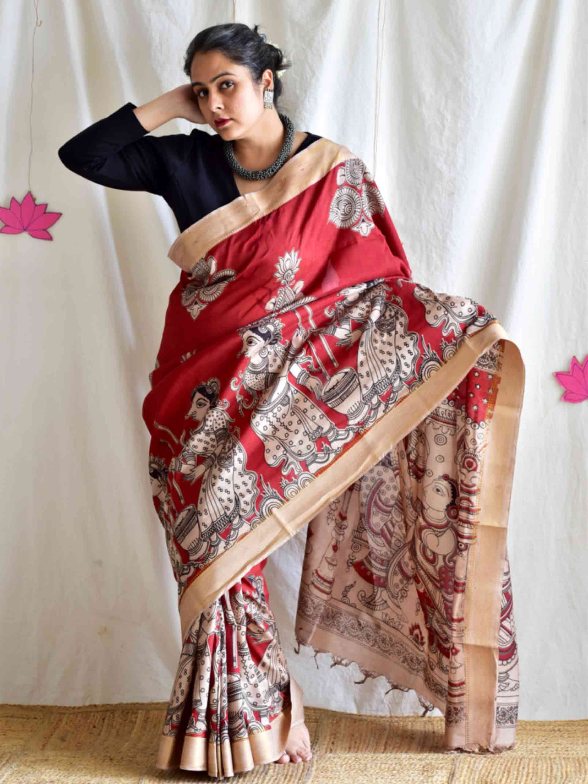 Maakhan - kalamkari printed Bangalore Silk nizam border saree