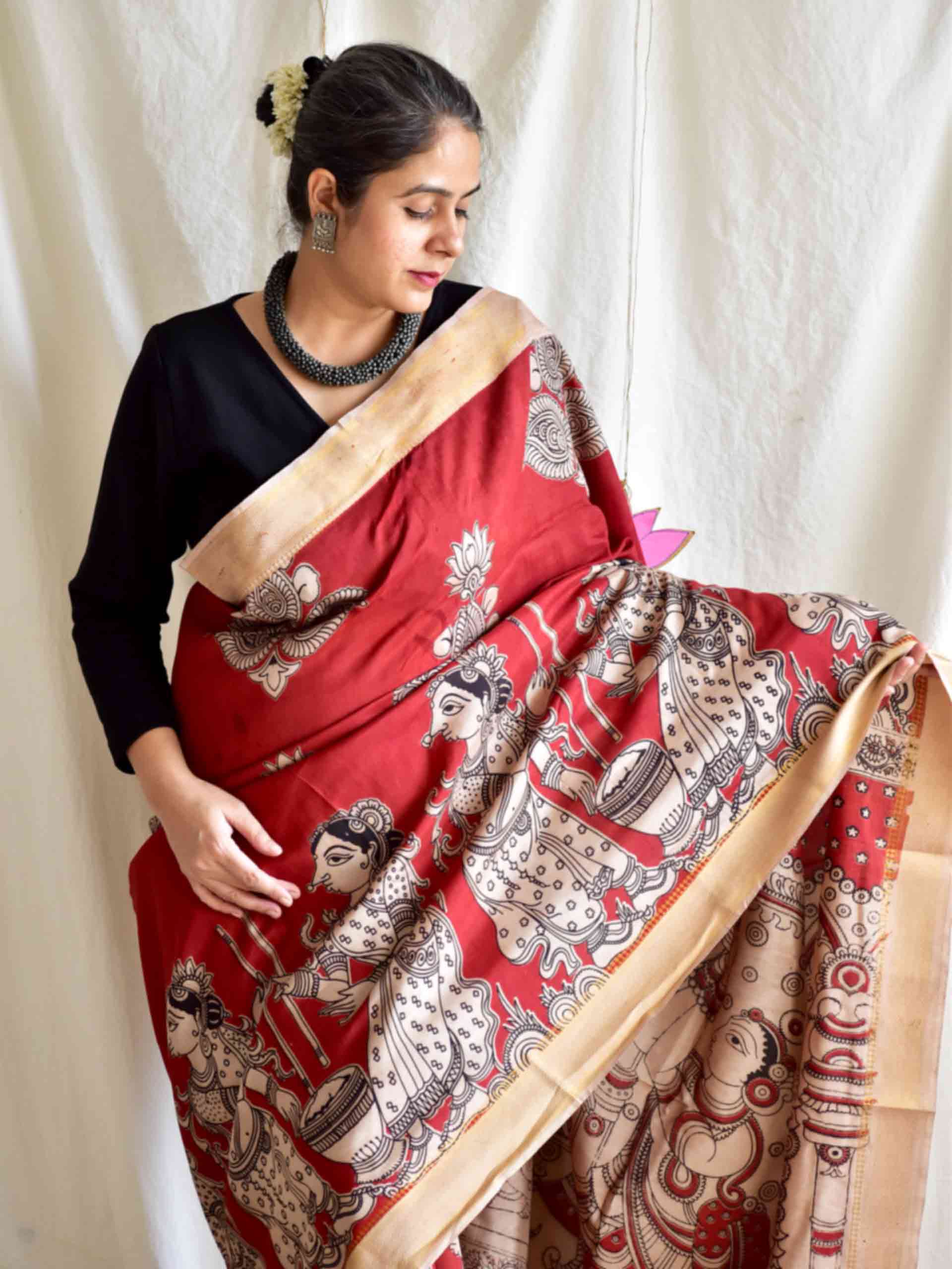 Maakhan - kalamkari printed Bangalore Silk nizam border saree