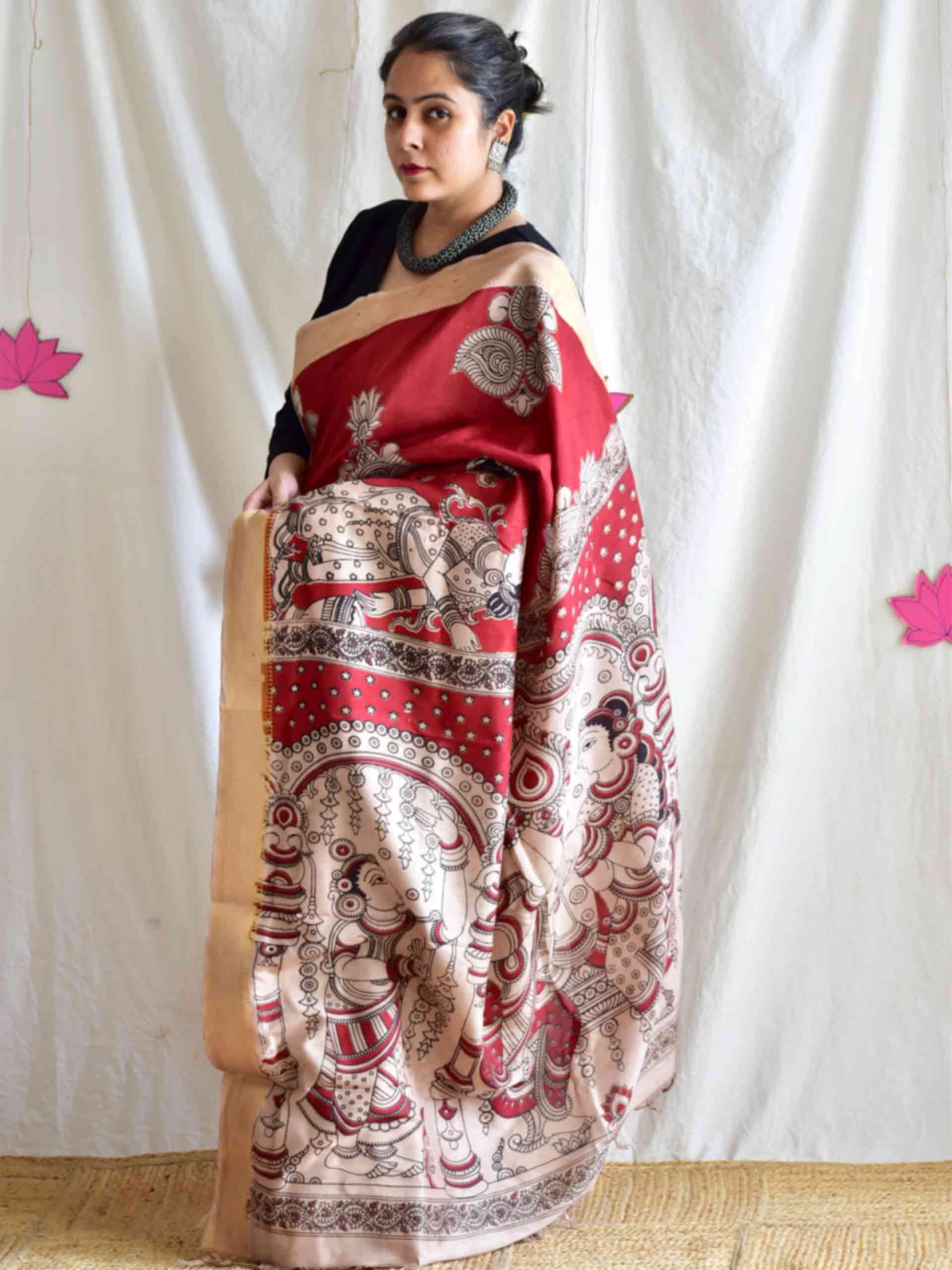 Maakhan - kalamkari printed Bangalore Silk nizam border saree