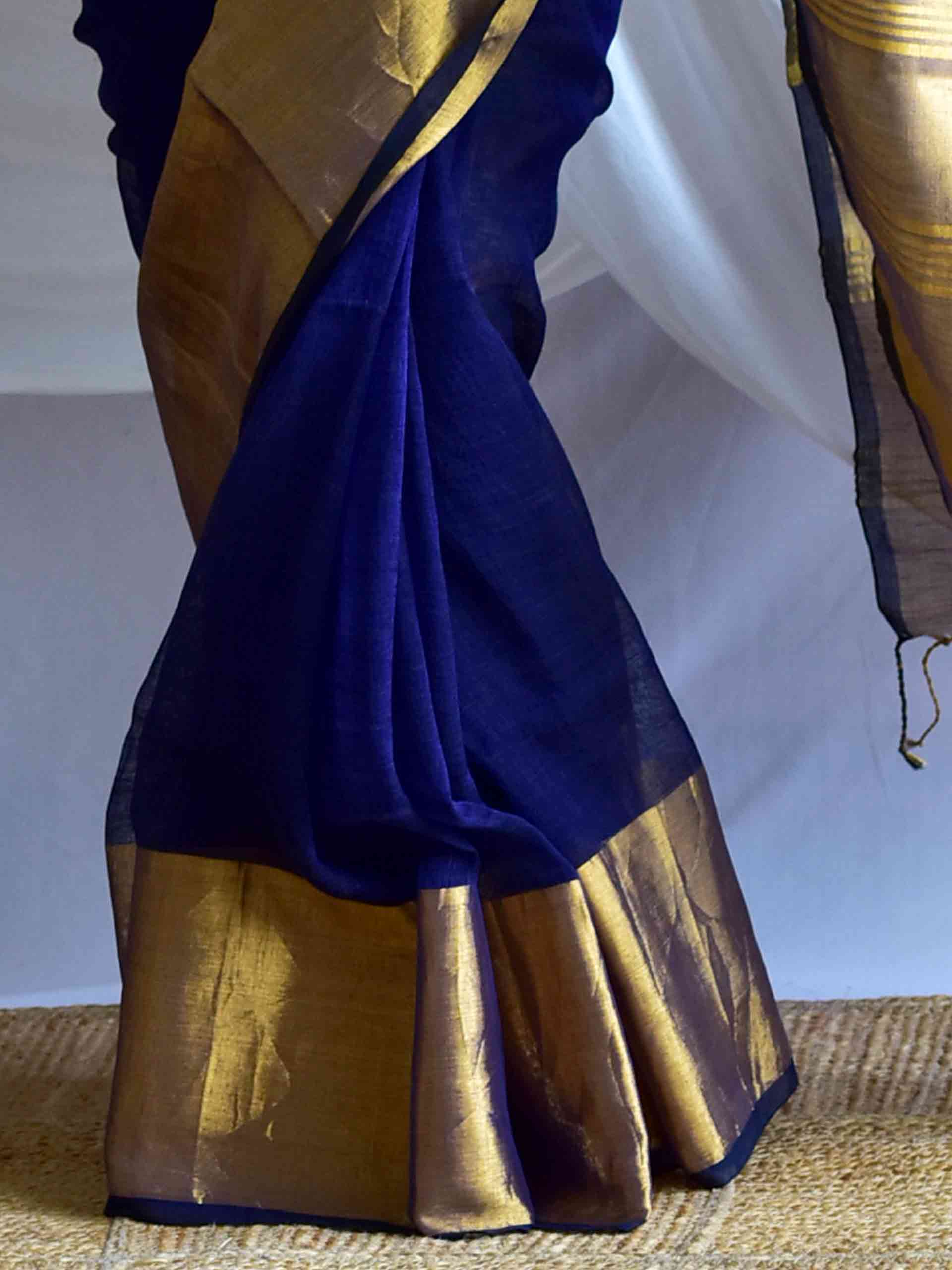 blue poppy - Linen zari Saree