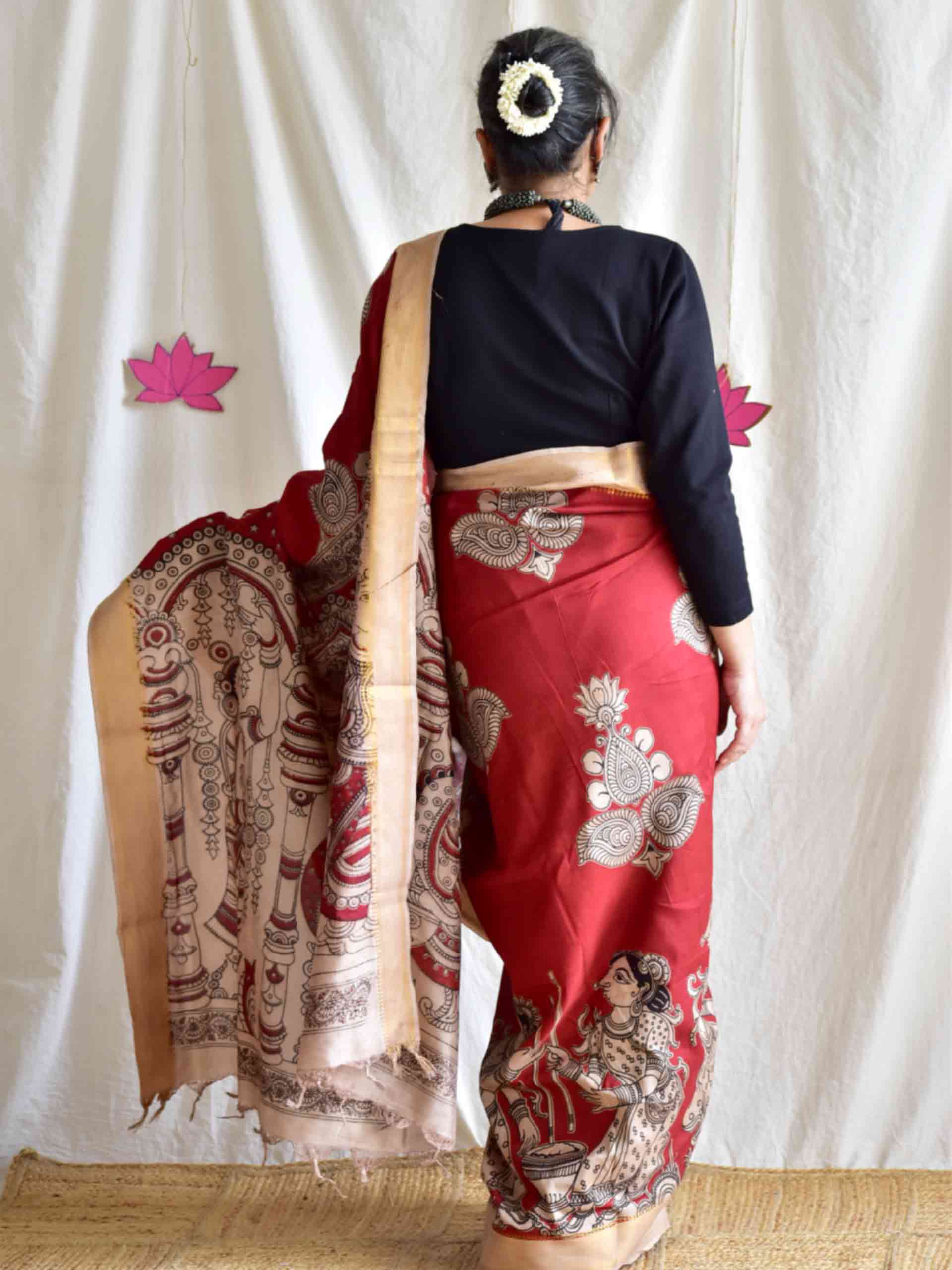 Maakhan - kalamkari printed Bangalore Silk nizam border saree