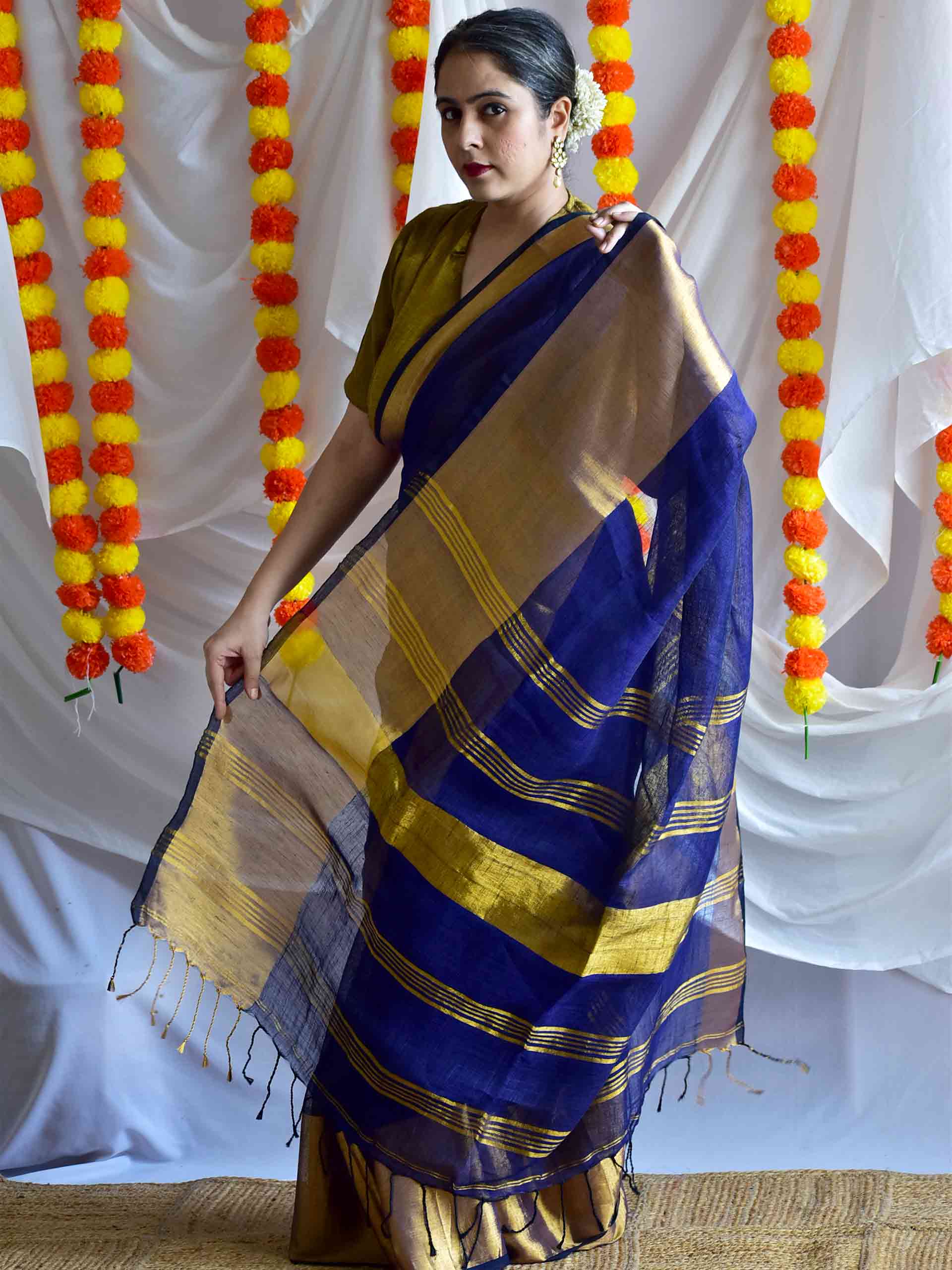 blue poppy - Linen zari Saree
