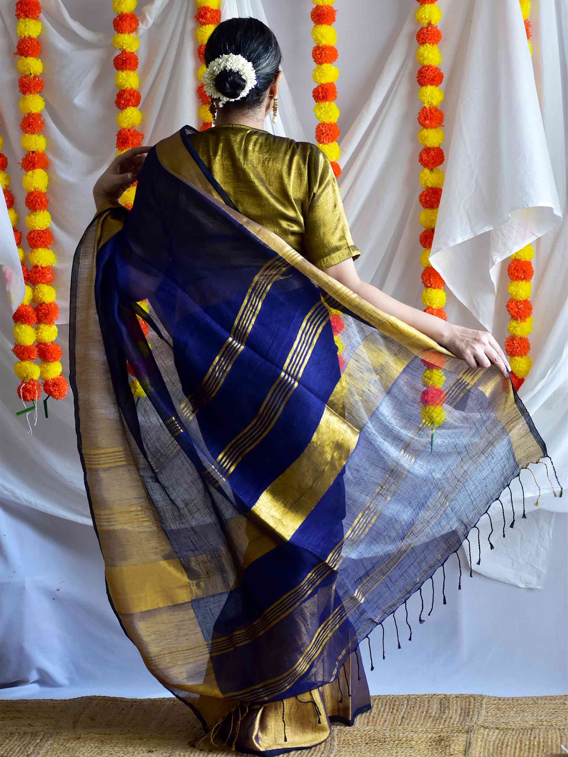blue poppy - Linen zari Saree