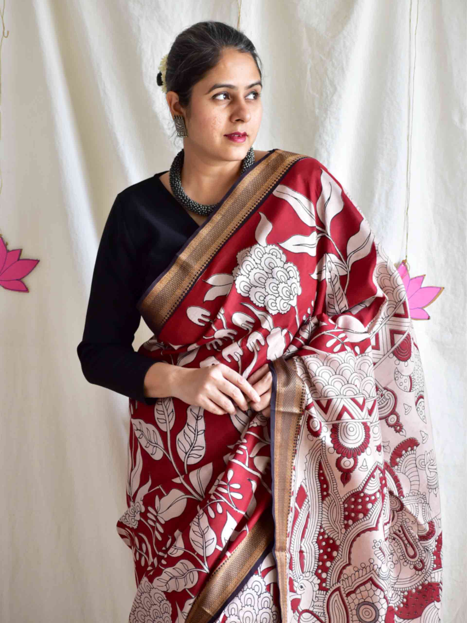 Twilight - kalamkari printed Bangalore Silk nizam border saree