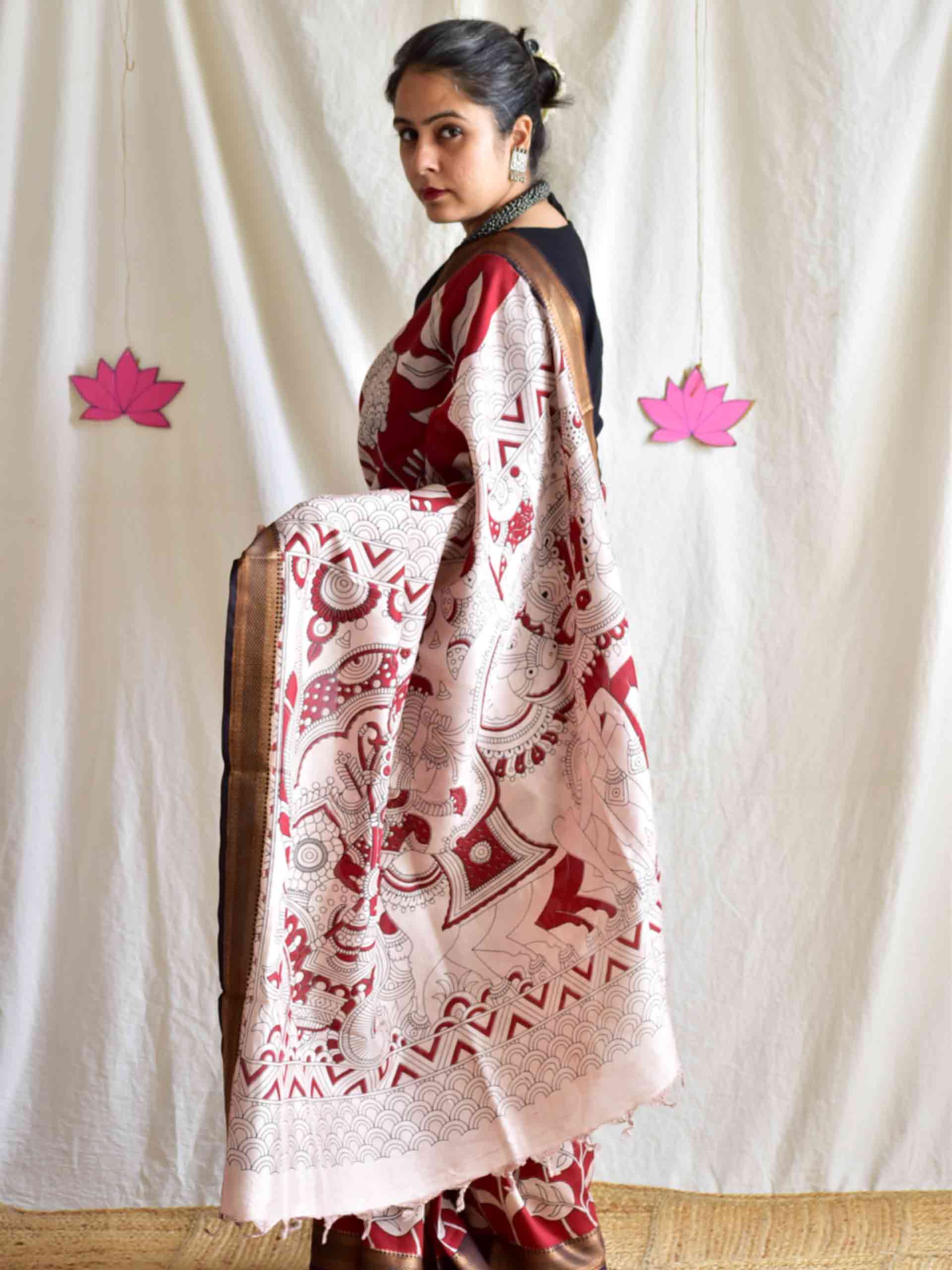 Twilight - kalamkari printed Bangalore Silk nizam border saree