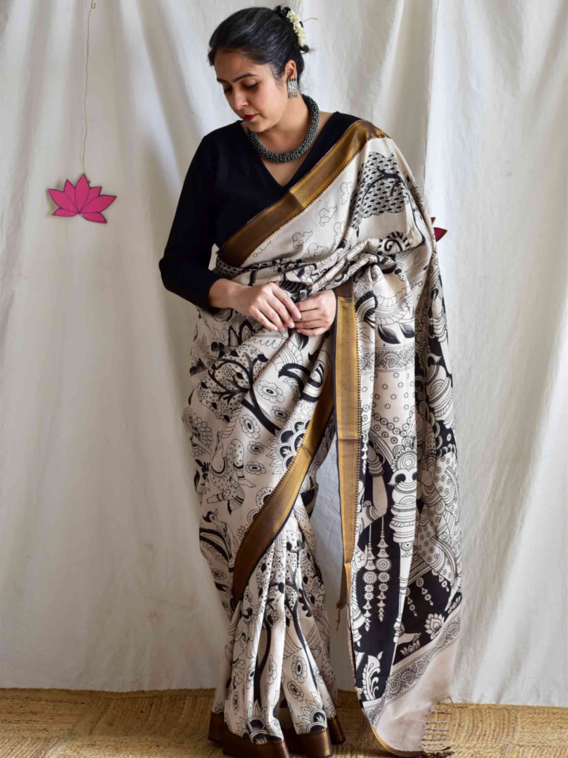Forest view - kalamkari printed Bangalore Silk nizam border saree