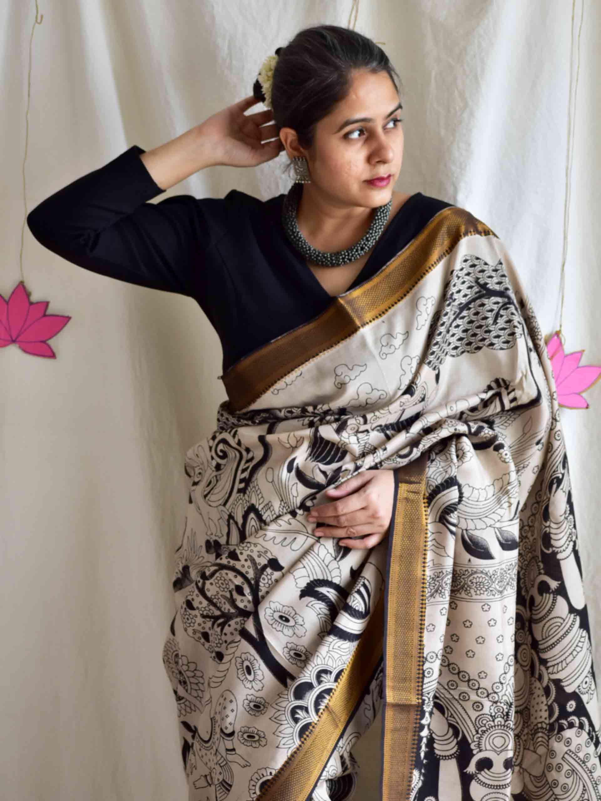Forest view - kalamkari printed Bangalore Silk nizam border saree