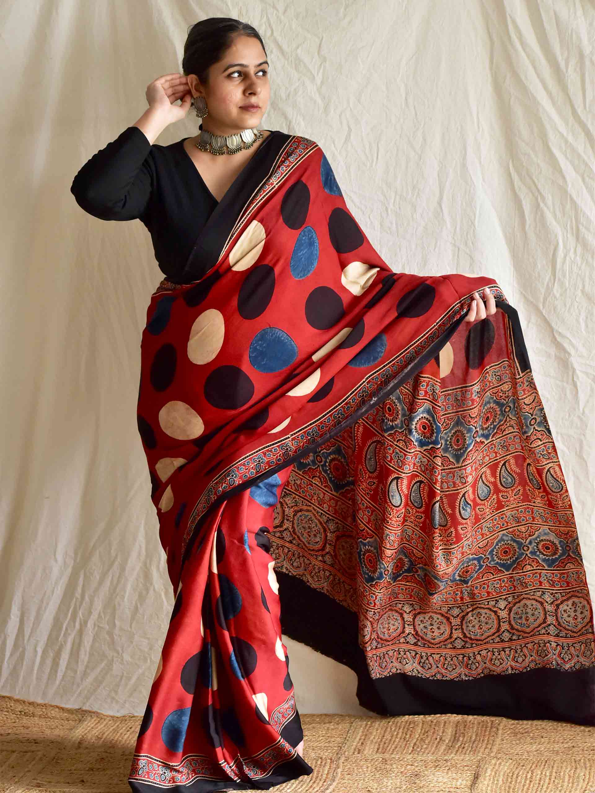 moon stone - Ajrakh modal Silk Saree
