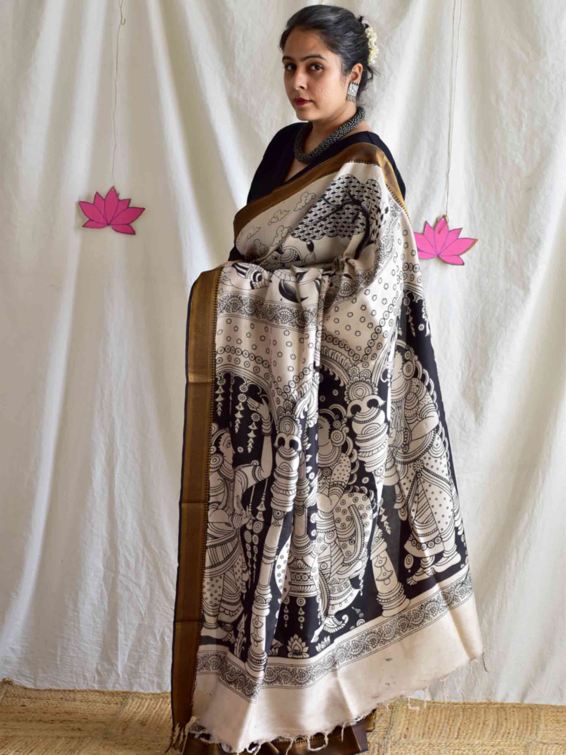 Forest view - kalamkari printed Bangalore Silk nizam border saree