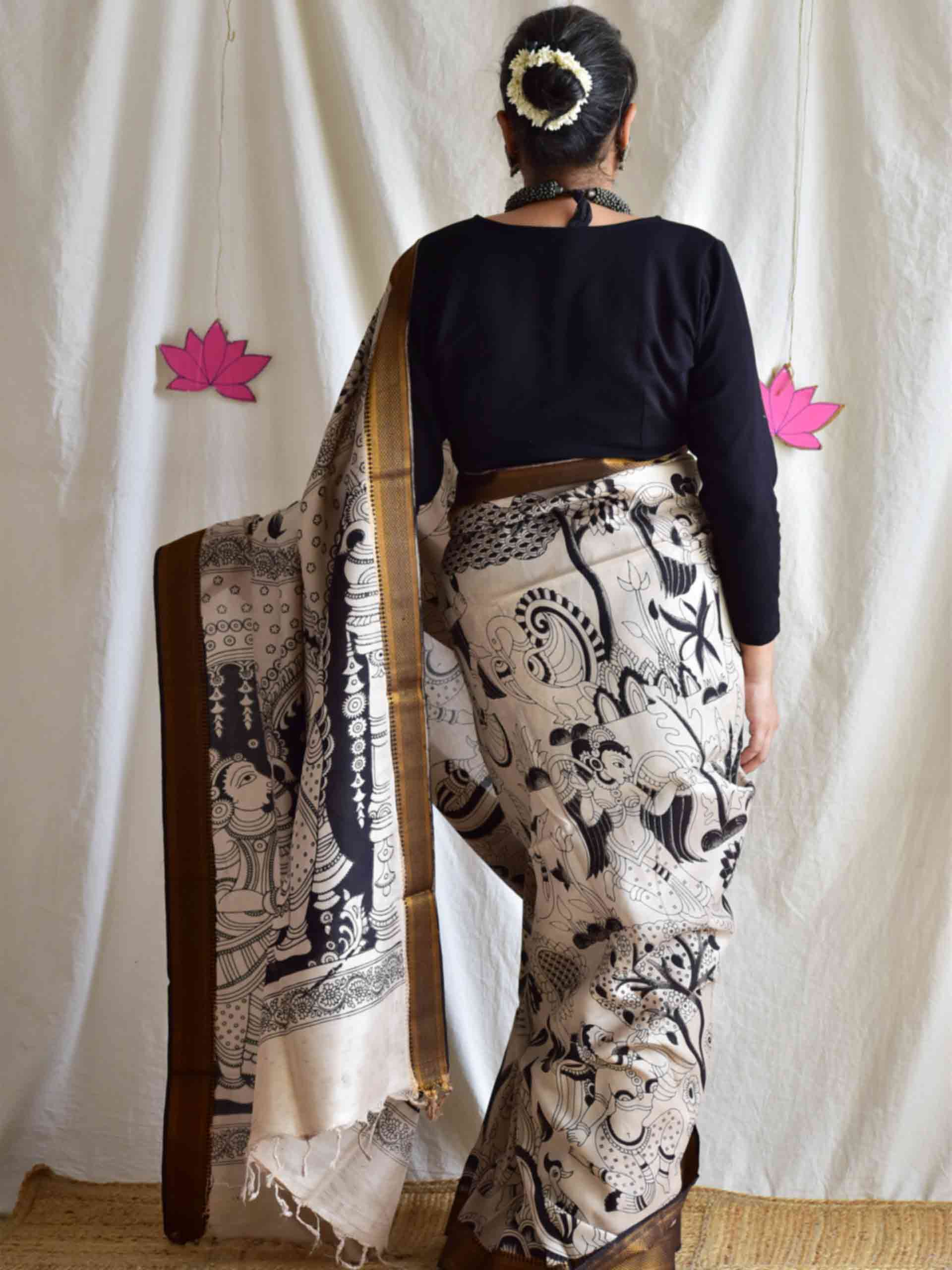 Forest view - kalamkari printed Bangalore Silk nizam border saree