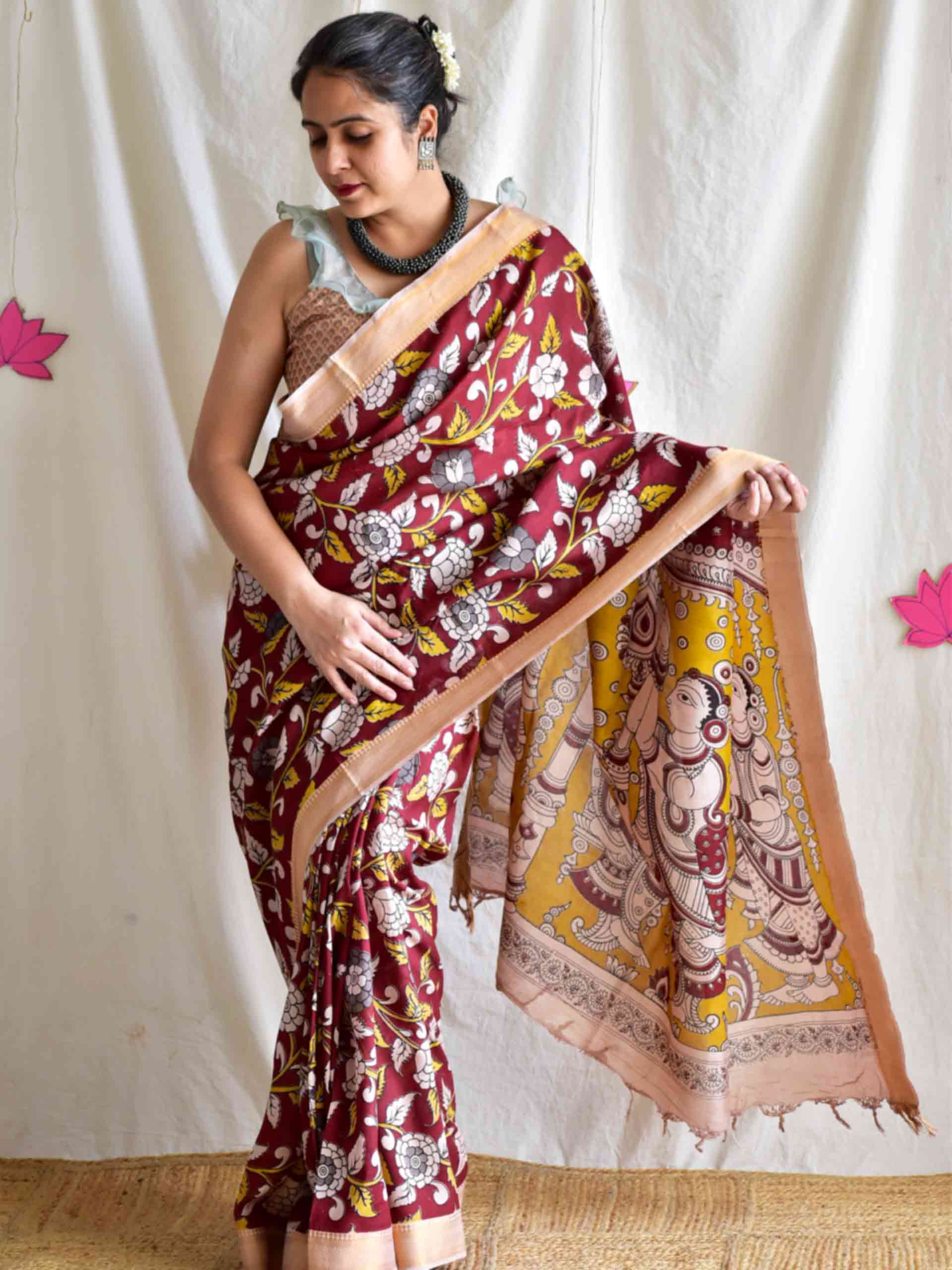 Kripa - kalamkari printed Bangalore Silk nizam border saree