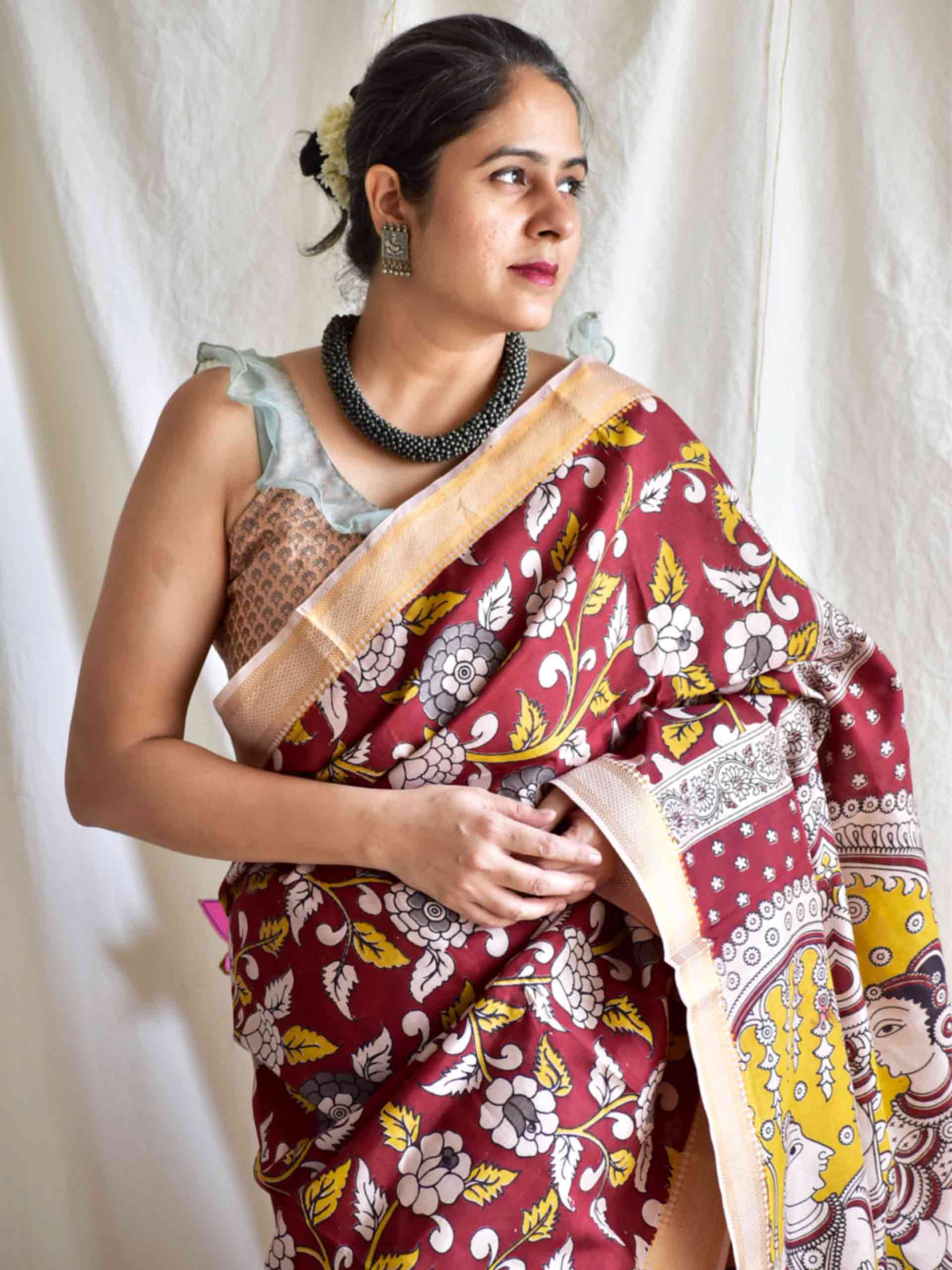 Kripa - kalamkari printed Bangalore Silk nizam border saree