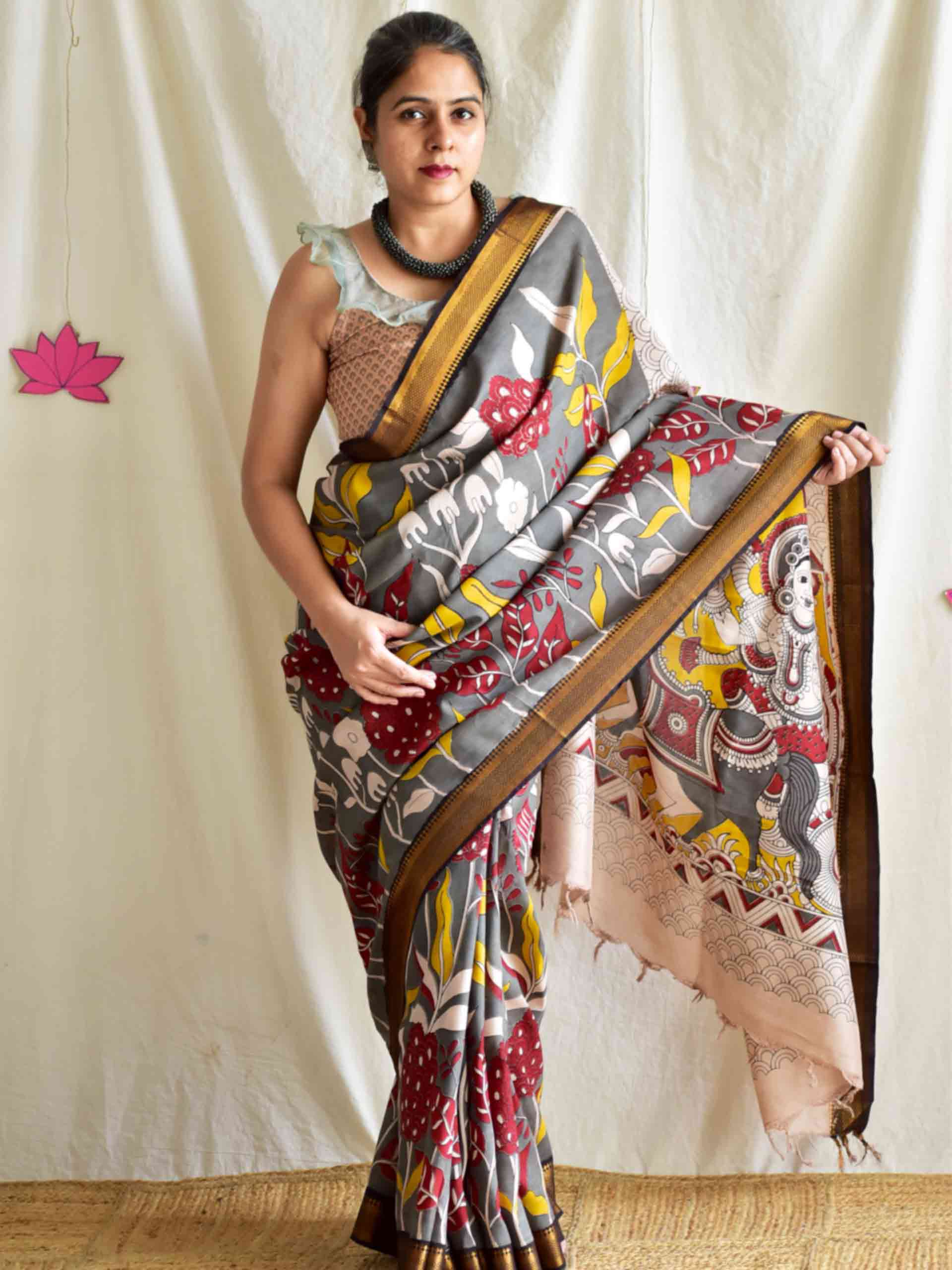 Greylicious - kalamkari printed Bangalore Silk nizam border saree