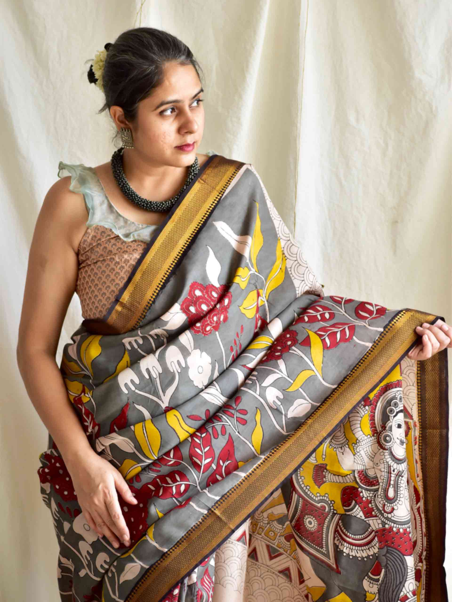 Greylicious - kalamkari printed Bangalore Silk nizam border saree
