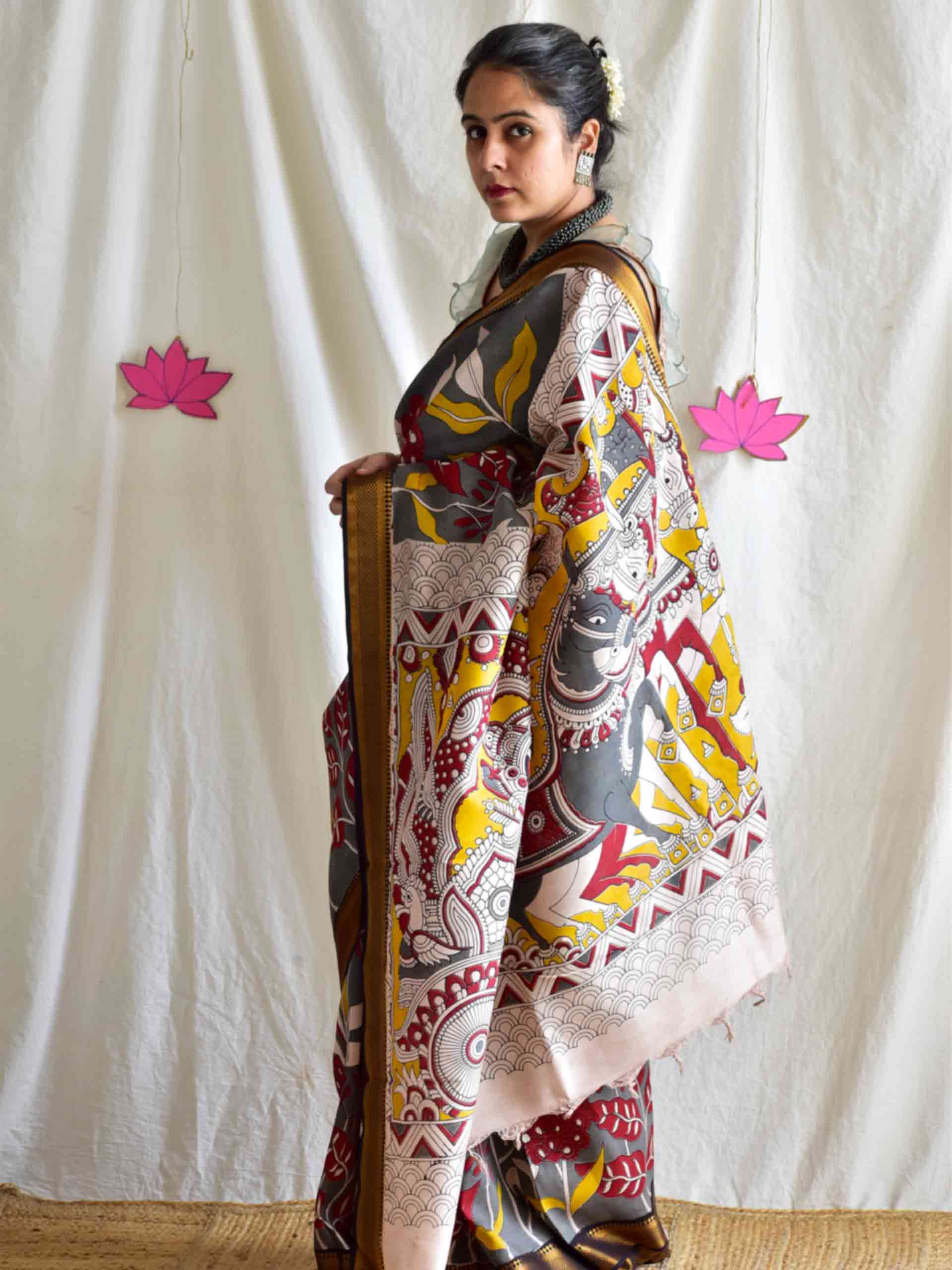 Greylicious - kalamkari printed Bangalore Silk nizam border saree