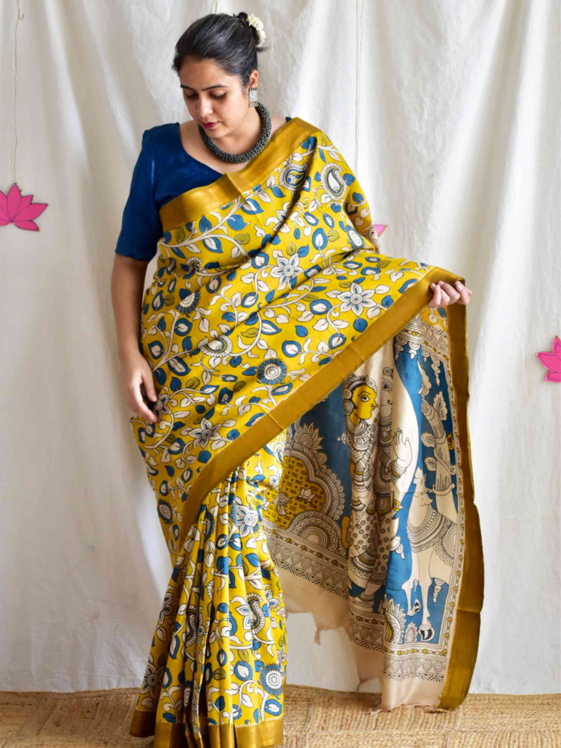 Sunny view - kalamkari printed Bangalore Silk nizam border saree