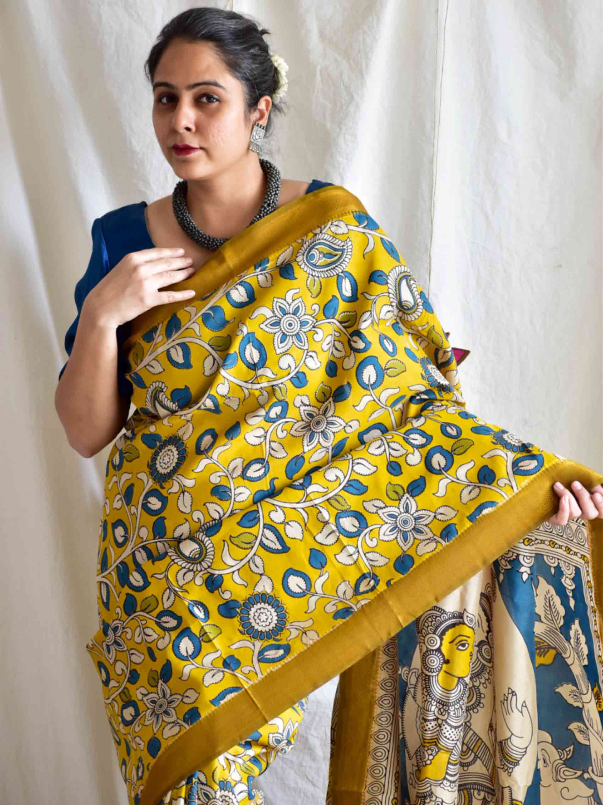 Sunny view - kalamkari printed Bangalore Silk nizam border saree