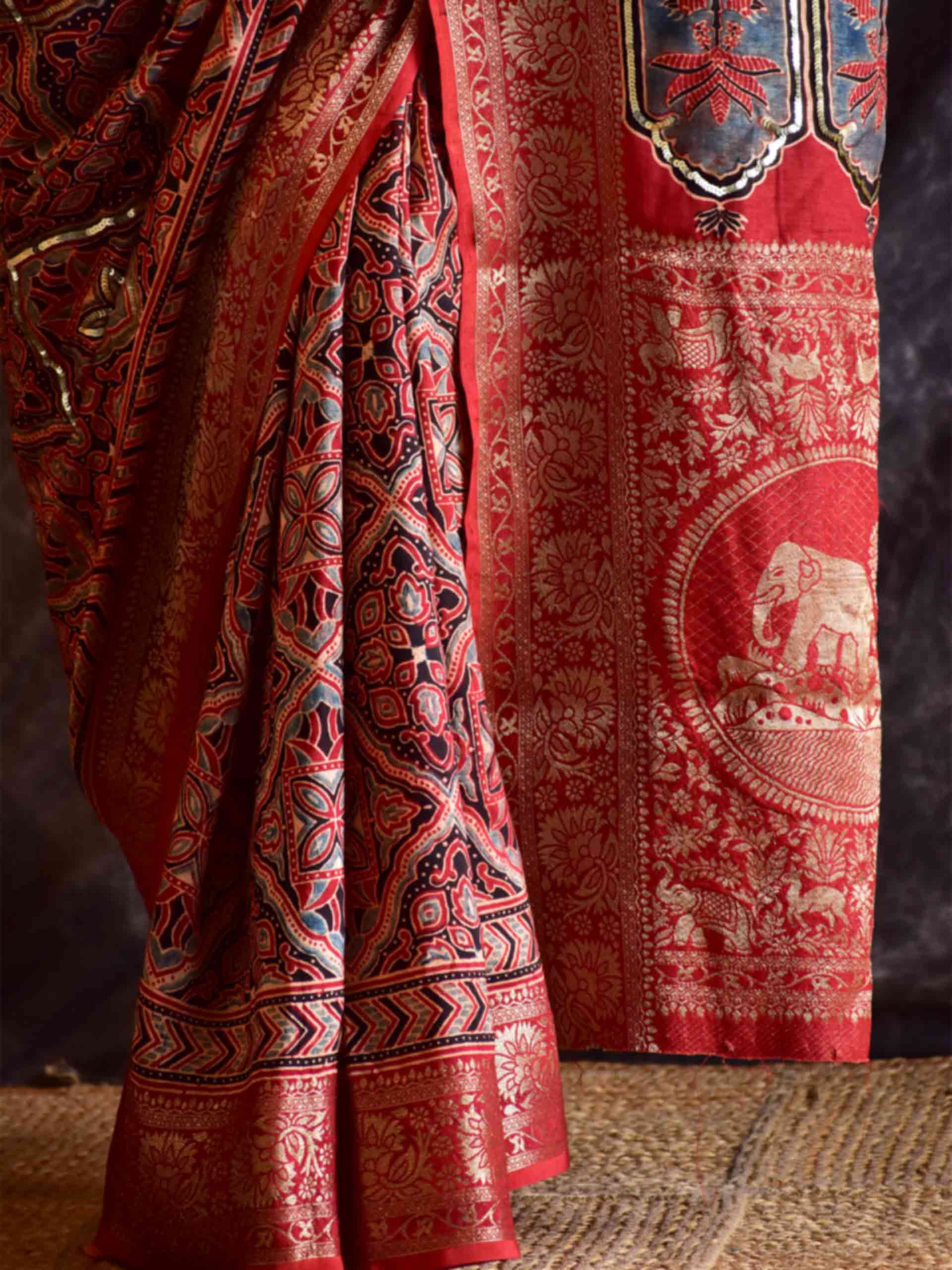 Gehrai - Ajrakh Dola Silk hand embroidered Saree