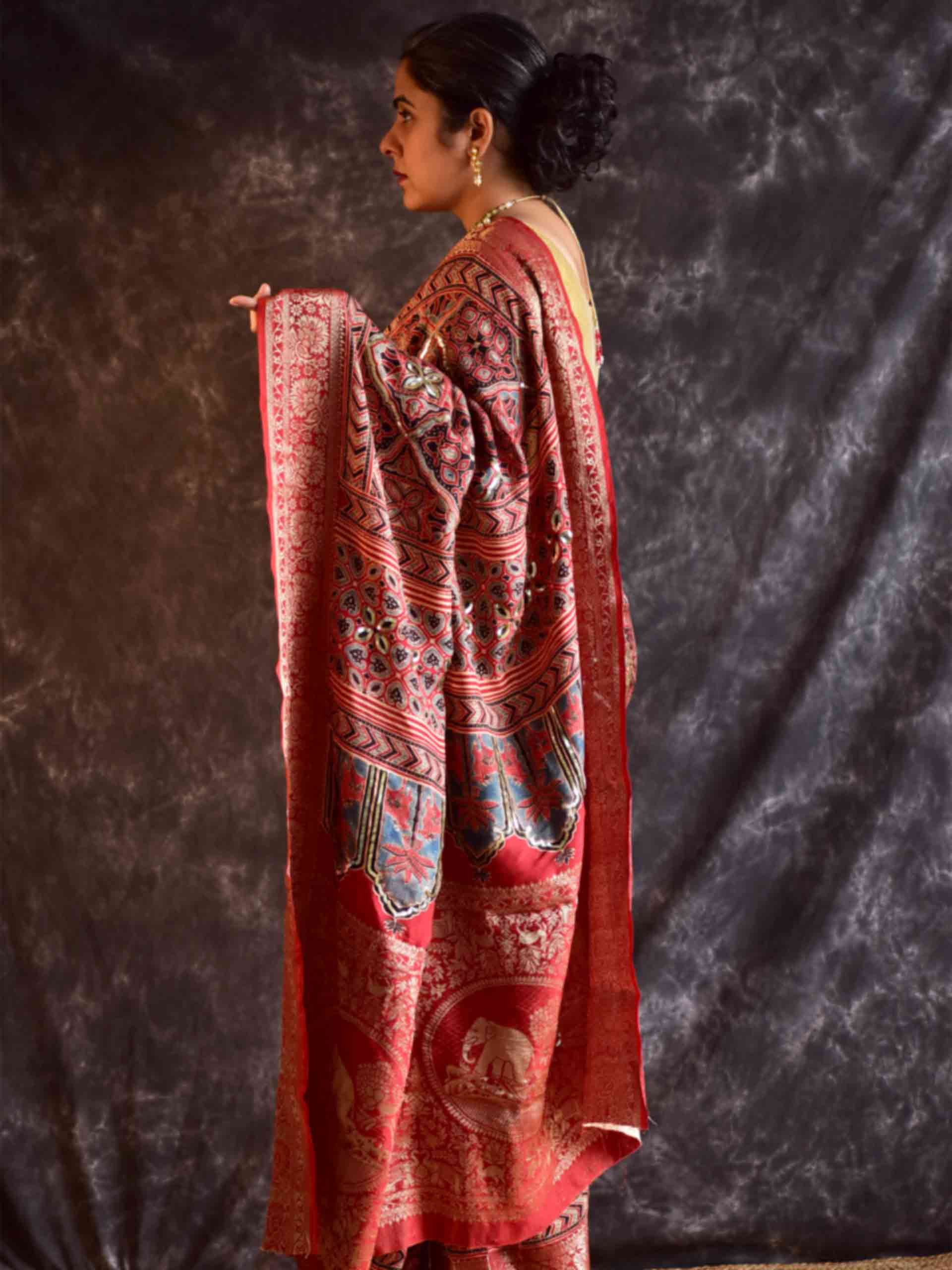 Gehrai - Ajrakh Dola Silk hand embroidered Saree