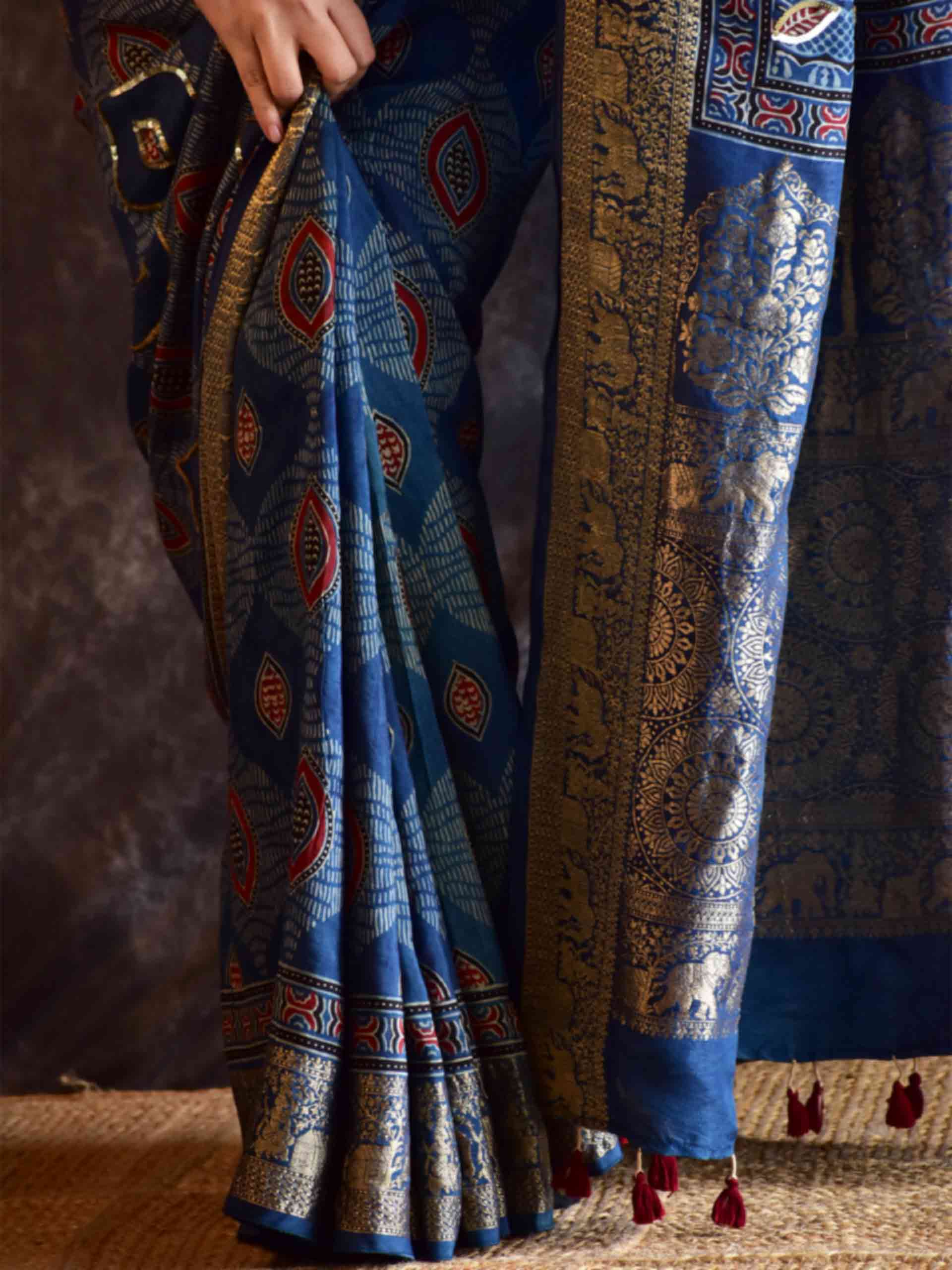 Mor Pankh - Ajrakh Dola Silk hand embroidered Saree