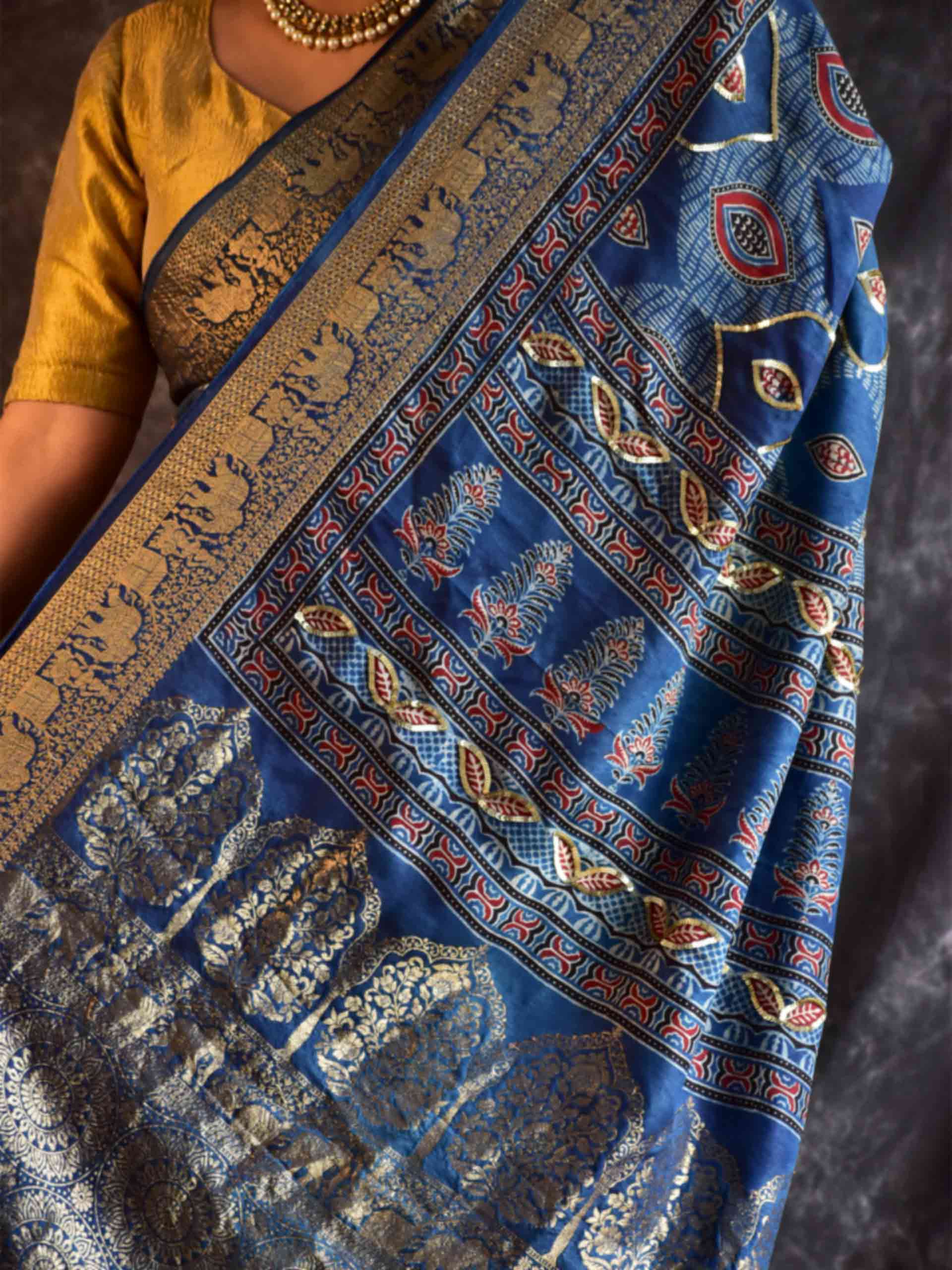 Mor Pankh - Ajrakh Dola Silk hand embroidered Saree