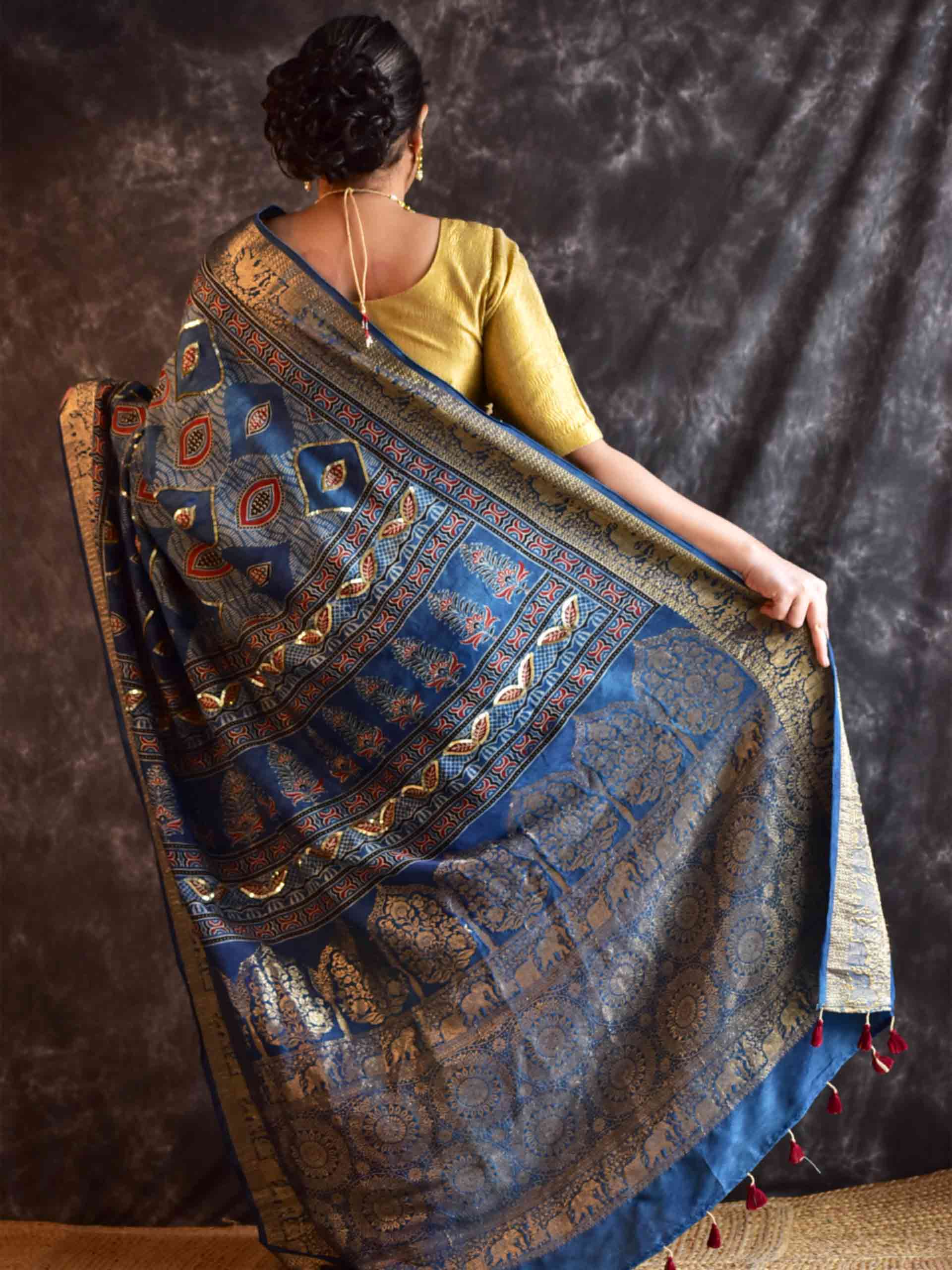 Mor Pankh - Ajrakh Dola Silk hand embroidered Saree