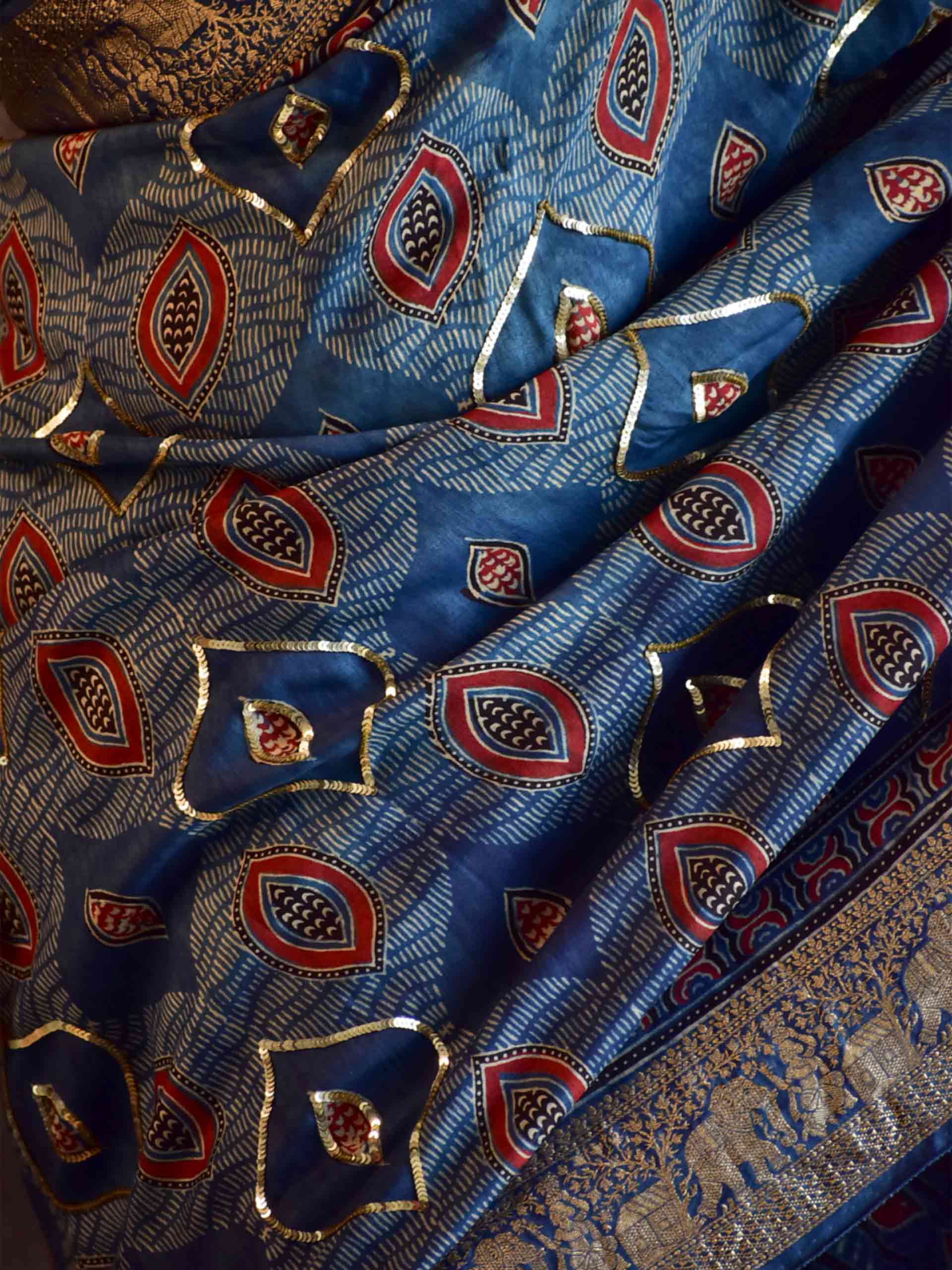 Mor Pankh - Ajrakh Dola Silk hand embroidered Saree