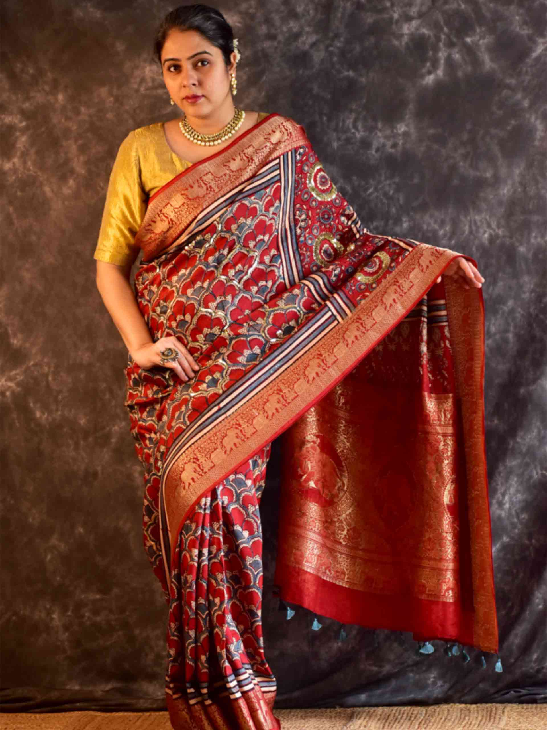 Mohini - Ajrakh Dola Silk hand embroidered Saree
